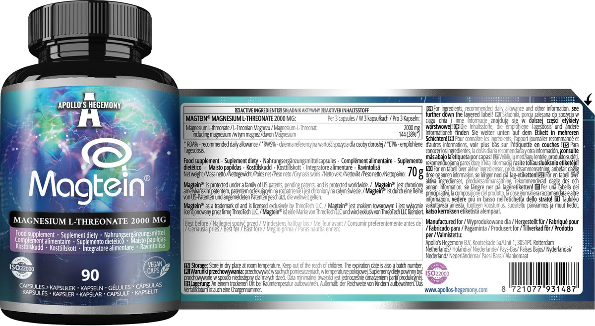 APOLLO'S HEGEMONY Magtein® Magnesium L-Threonate 144 mg per Daily Dose - 90 Vegan Capsules - 30-Day Supply - for Cognitive Function Support - by Apollo's Hegemony