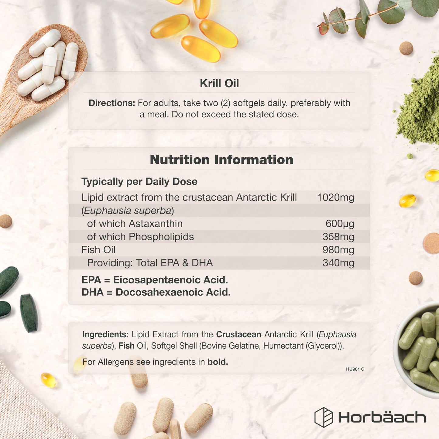 Horbäach Antarctic Krill Oil Capsules 2000mg | 120 Softgels | High Strength Blend with Fish Oil, Astaxanthin, Phospholipids, EPA and DHA | By Horbaach