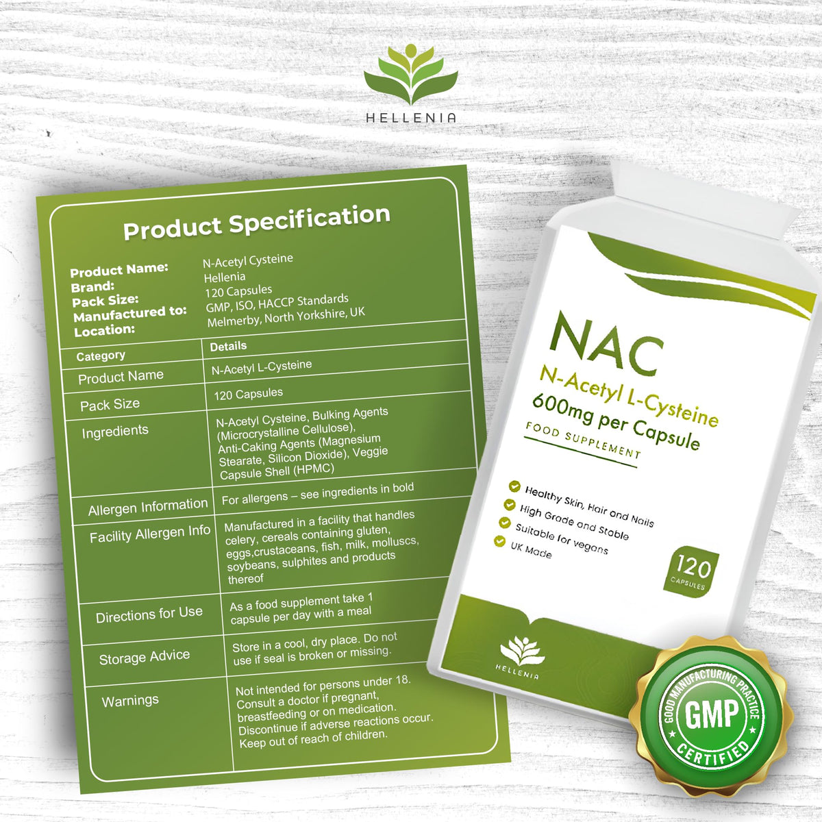 NAC N-Acetyl-Cysteine 600mg | 120 Vegan Capsules | NAC Supplement | Vegan NAC Supplement | High Strength & High Bioavailability - Manufactured in the UK by Hellenia