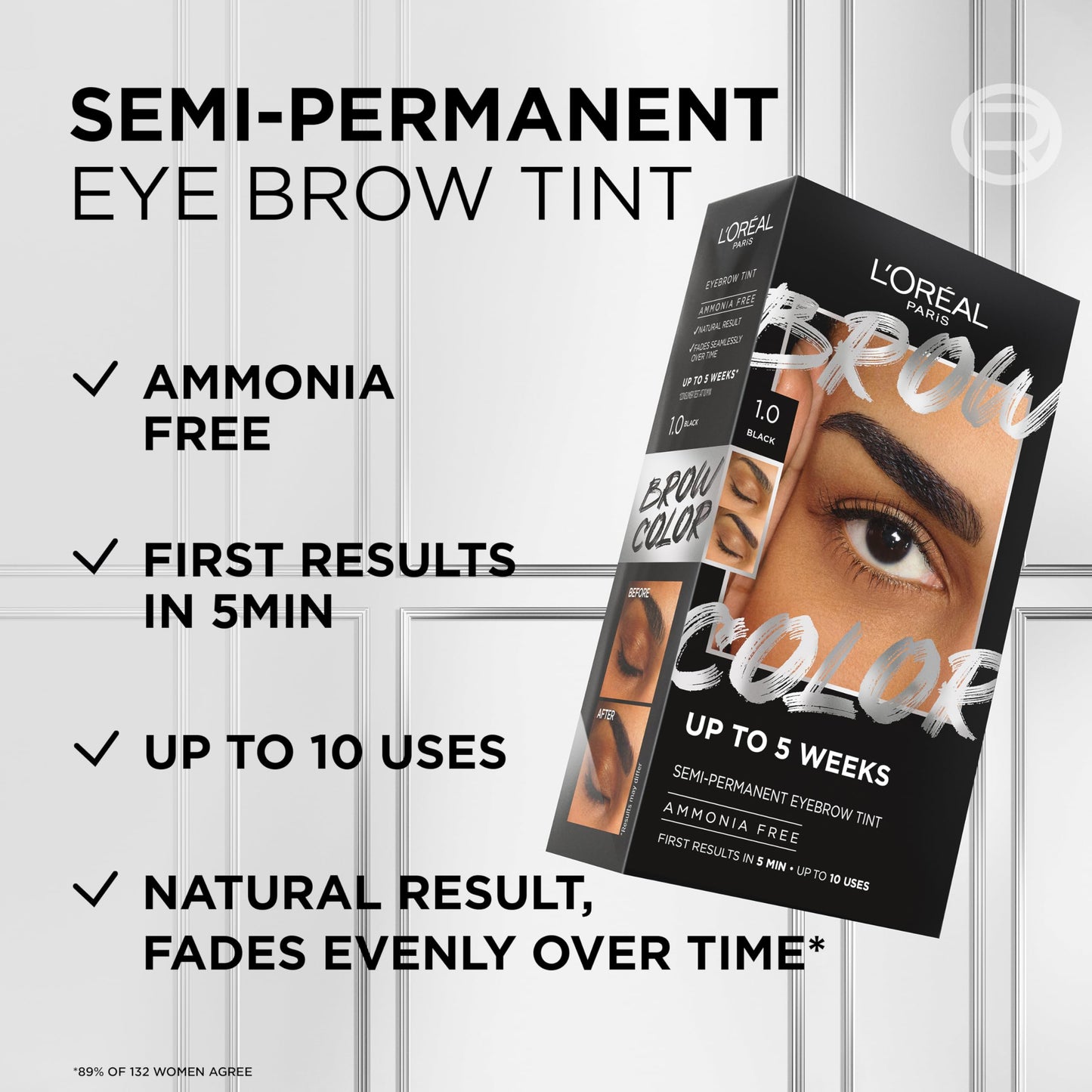 L'Oréal Paris, Semi-Permanent Eyebrow Tint, Lasts up to 5 Weeks, Visible Results in 5 Minutes, Up to 10 Uses, Ammonia Free, Brow colour, Shade: 5.0 Brunette