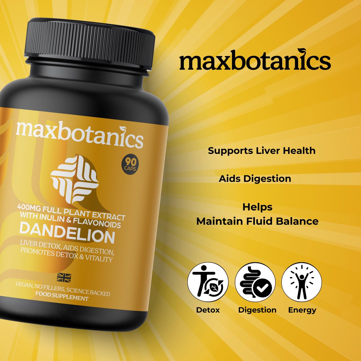 Max Botanics Dandelion Root Leaf Extract and Full Plant Profile Liver Detox Digestion & Vitality with Inulin and Flavonoids Vegan No Fillers or Binders UK Made 90 Capsules
