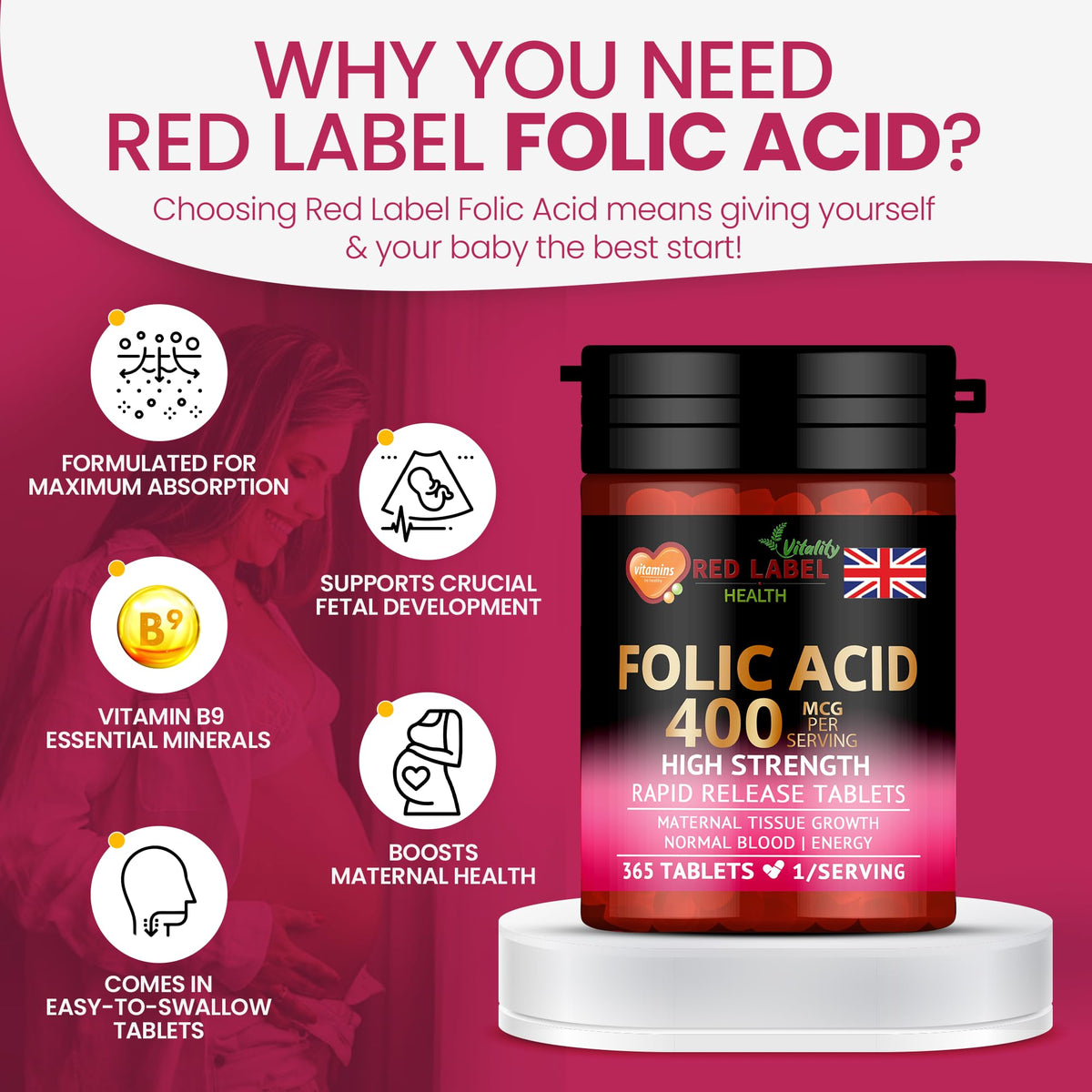 Red Label Health Folic Acid Tablets 400 mcg - 365 Vegan Vitamin B9 Tablets - 1 Year Supply - Pregnancy Care - Normal Function of Immune System & Maternal Tissue Growth During Pregnancy