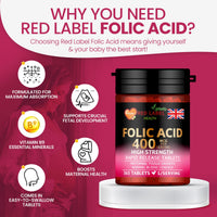 Red Label Health Folic Acid Tablets 400 mcg - 365 Vegan Vitamin B9 Tablets - 1 Year Supply - Pregnancy Care - Normal Function of Immune System & Maternal Tissue Growth During Pregnancy