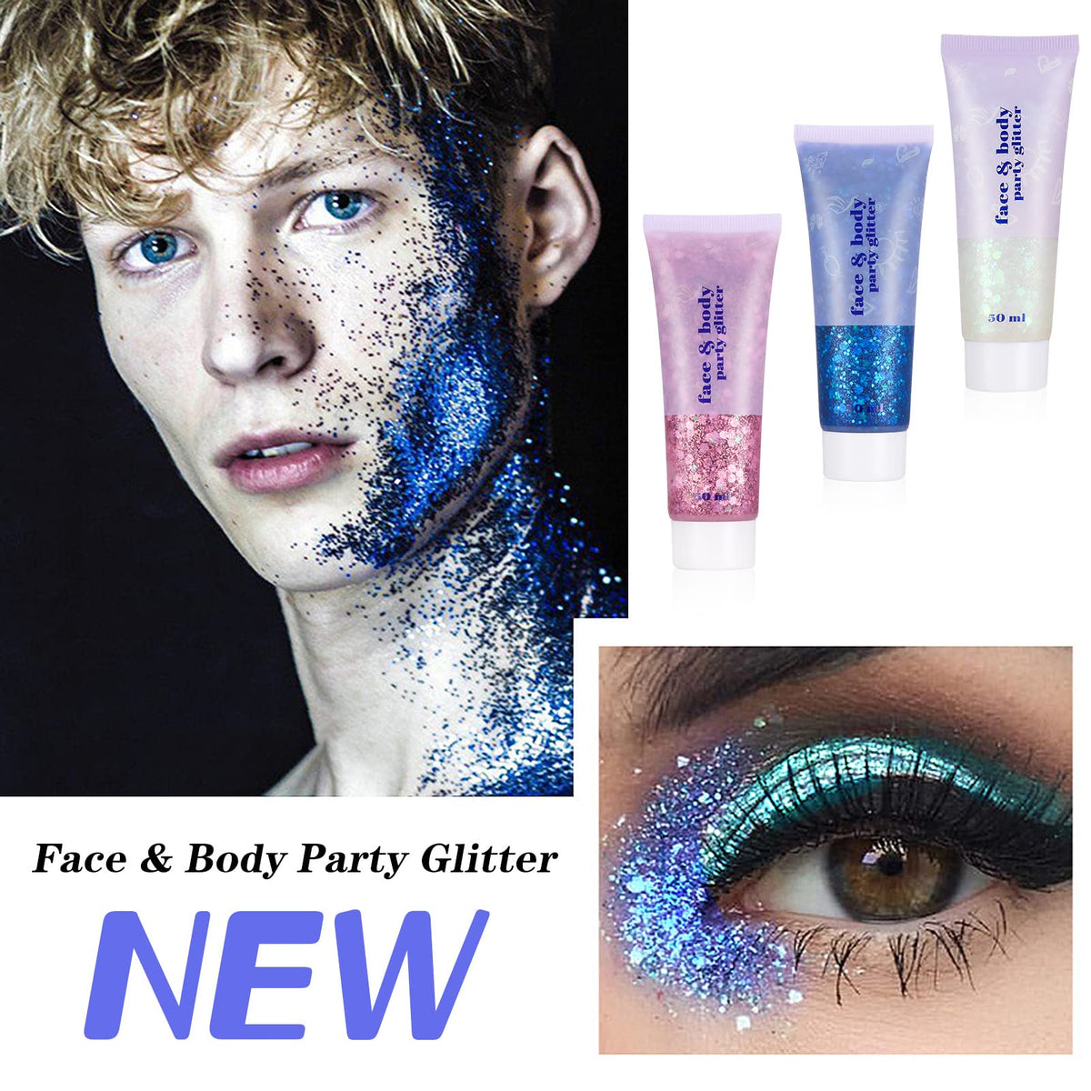 Dacitiery 3Pcs Body Glitter Gel Kit, 50ml Mermaid Sequins Chunky Glitter Liquid Gel for Face, Body, Eye, Hair, Nail DIY Art Festival Party Makeup Decoration