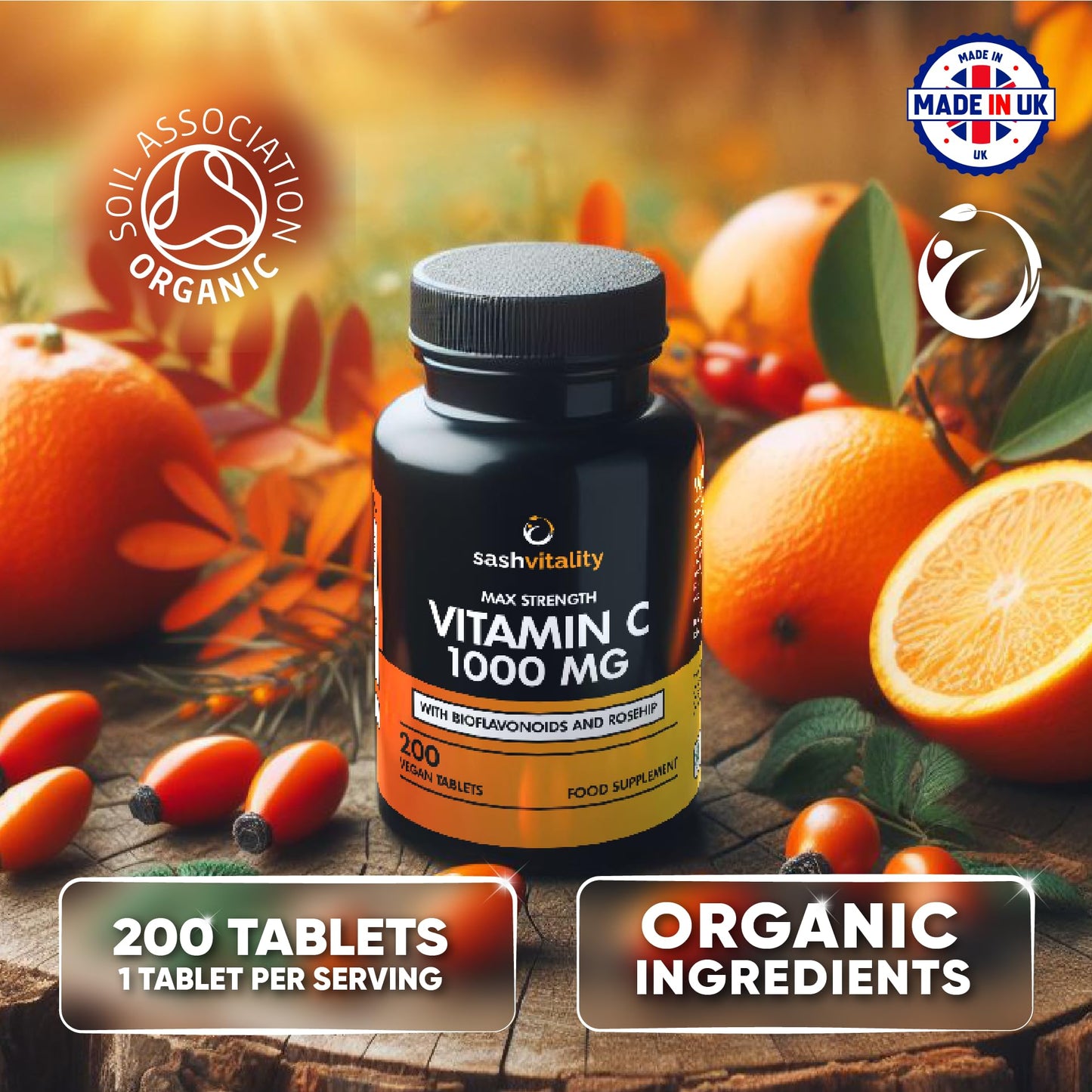 SASH Vitality Vitamin C 1000mg - 200 Vegan Tablets - Added Bioflavonoids & Rosehip - Supports The Immune System and Reduces Tiredness and Fatigue - UK Made Sash Vitality - Anti-Inflammatory - Allery Support