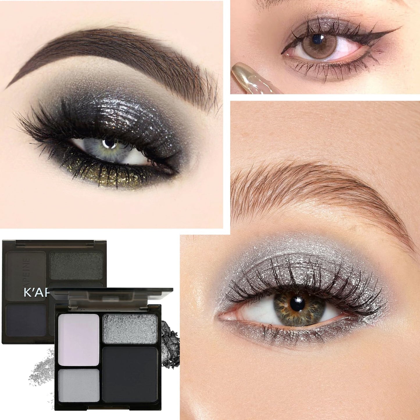 HAORQEE Black Eyeshadow Palette, Smokey Silver Glitter Gothic Eye Shadows Make Up Palettes White Grey Matte Long Lasting 4 Colors Eye Shadow Pallets for Women Girls Halloween Goth Christmas Gifts