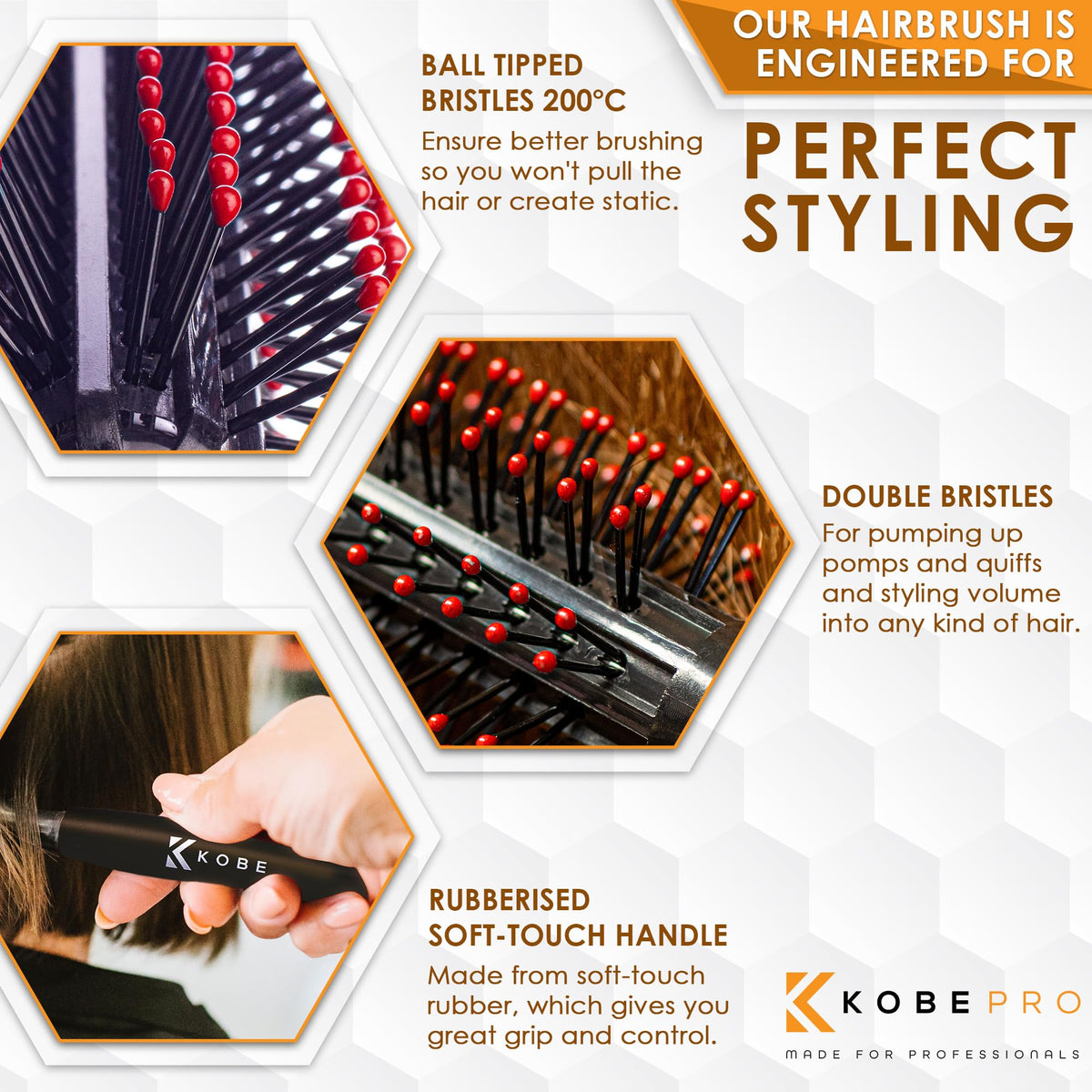 Kobe Professional Small Round Hair Brush and Quiff Roller for Men | Black 15mm 8-Row Double Bristles | Comfort Ball-Tipped Pins, Non-Slip Grip, Anti-Static Volumising Styling Tool Barber Supplies