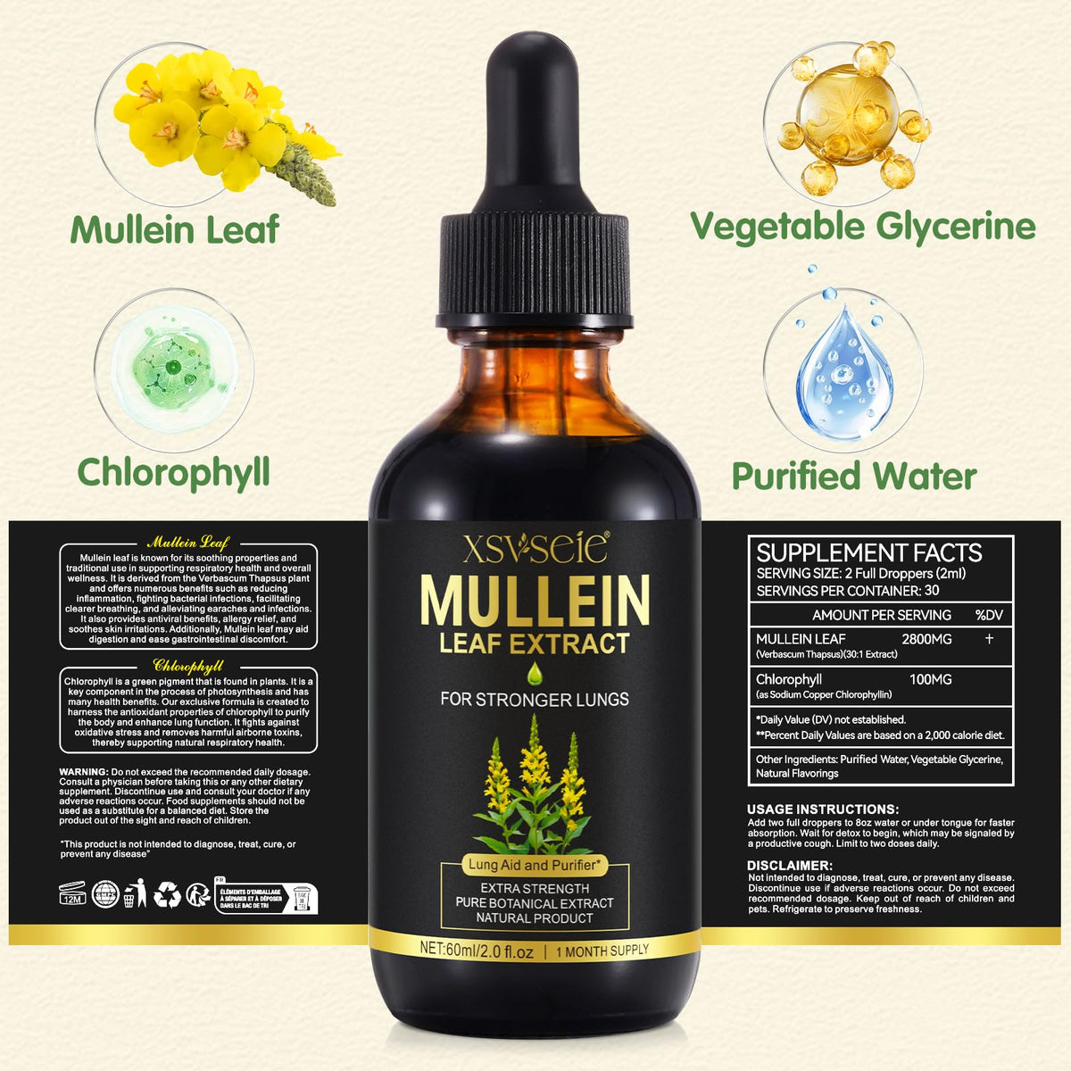 herlosfeel Mullein Leaf Extract for Lungs, 60ml Mullein Leaf Liquid Drops,Natural Mullein Drops for Lungs Cleanse, & Premium Mullein Leaf Extract Fast Absorption Rich in Chlorophyll Vegetarian & Health Supplemen