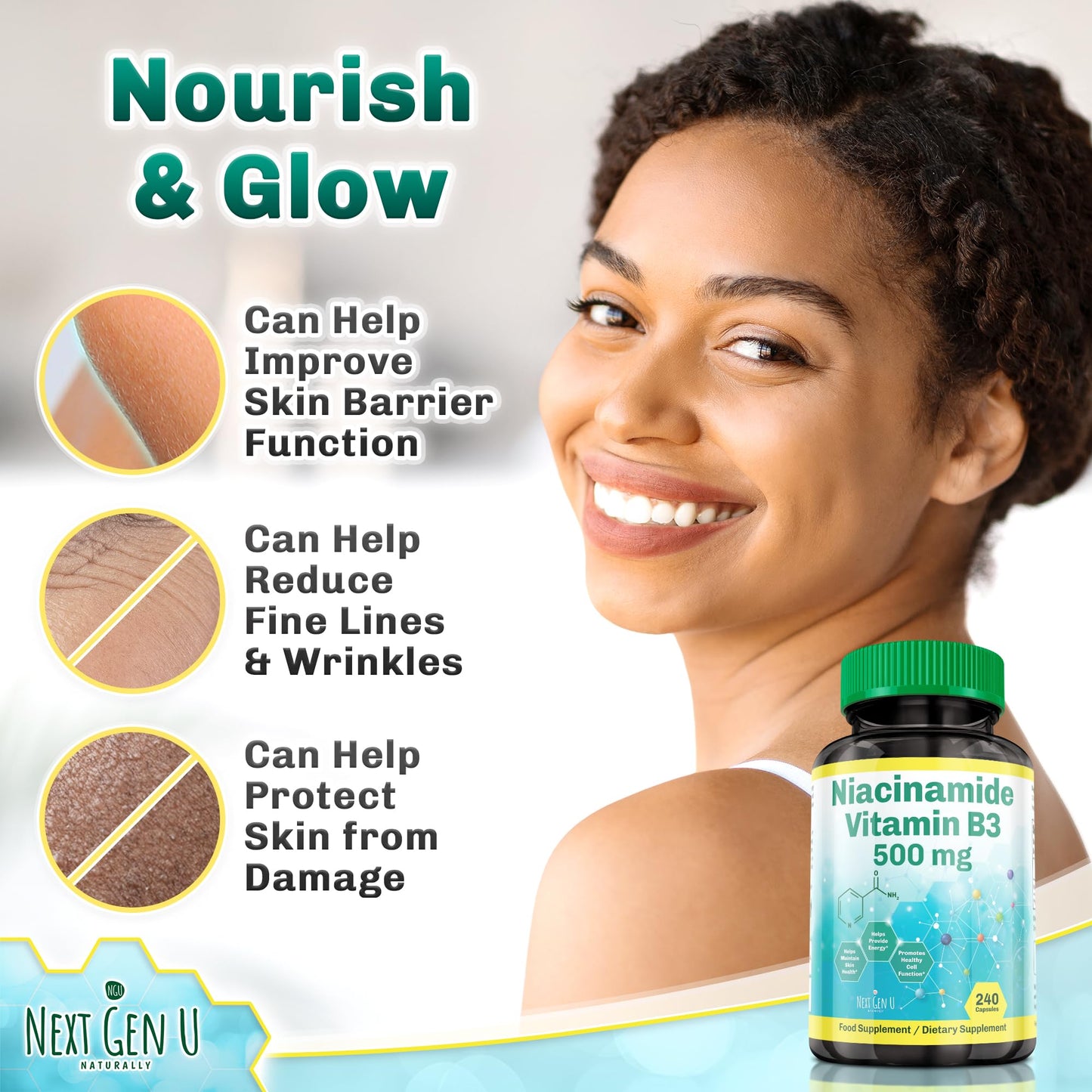 Vitamin B3 500 mg 240 Capsules Niacinamide Dietary Health Food Supplement for Flush Free Skin by Next Gen U