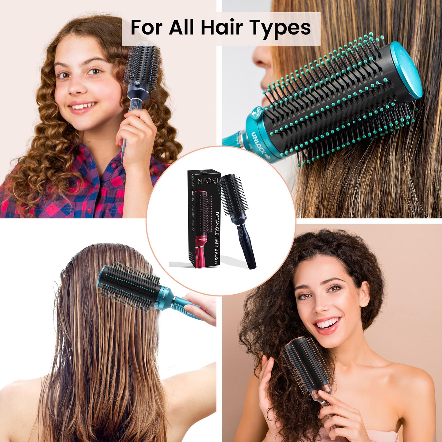 TJC Retractable Detangle Hair Brush for Curly Hair, Straight Hair & Wet Hair | Detangling Round Hairbrush for Blow Dry | Soft Bristle for Long, Thick & Curly Hair | Easy Clean Travel Brush - Navy Blue