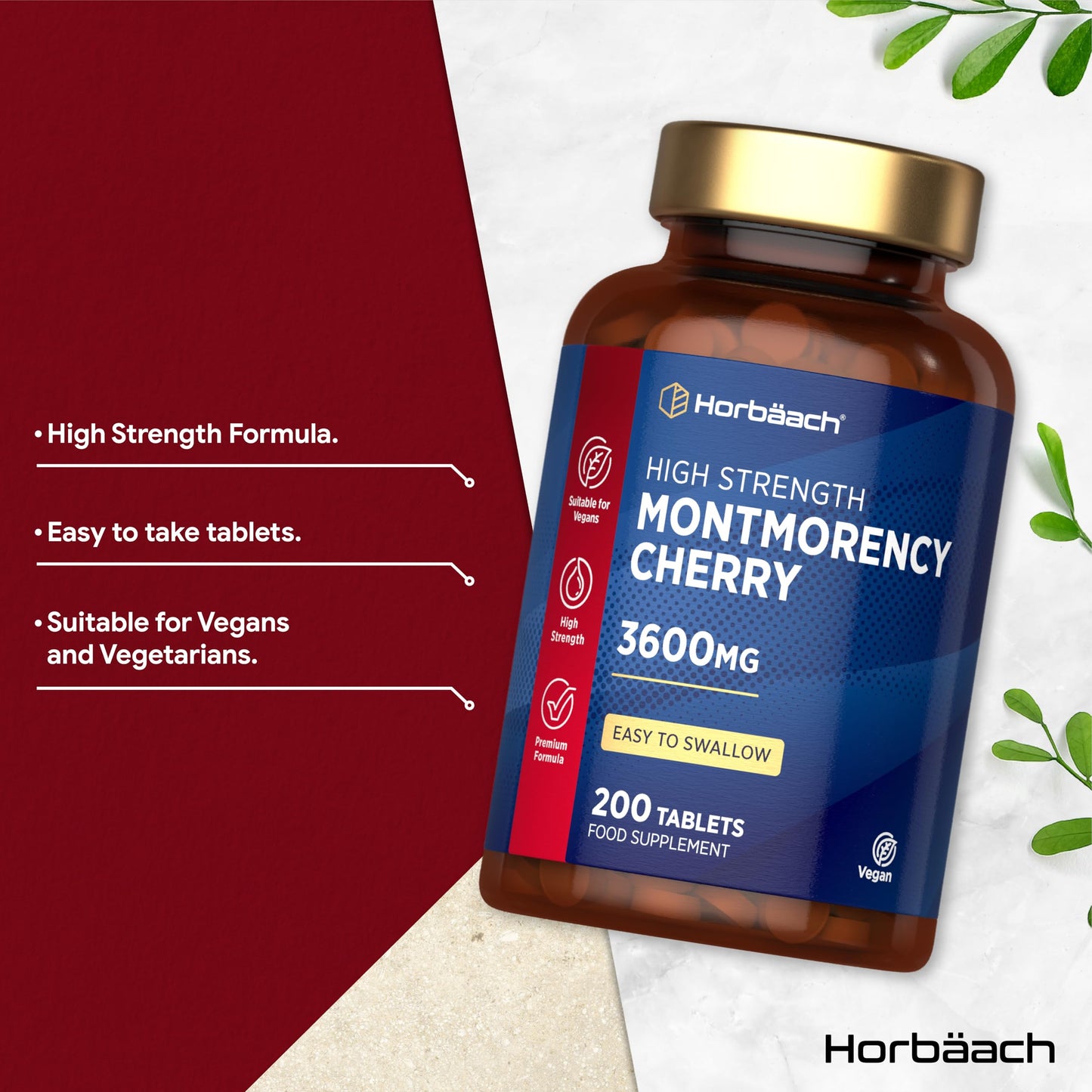 Horbäach Montmorency Cherry Tablets 3600mg | 200 Count | 50:1 Natural Tart Cherry Extract | High Strength Vegan Concentrate | by Horbaach