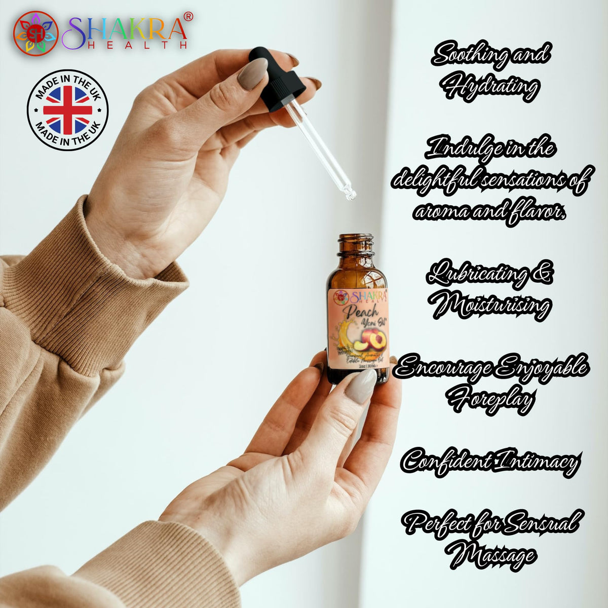 SH SHAKRA HEALTH Yoni Oil [Peach] 30ml – Organic & Vegan Non-Sticky Body Massage Oil for Women. Hydrating Skincare Moisturizer. Non-Greasy for Comfort.