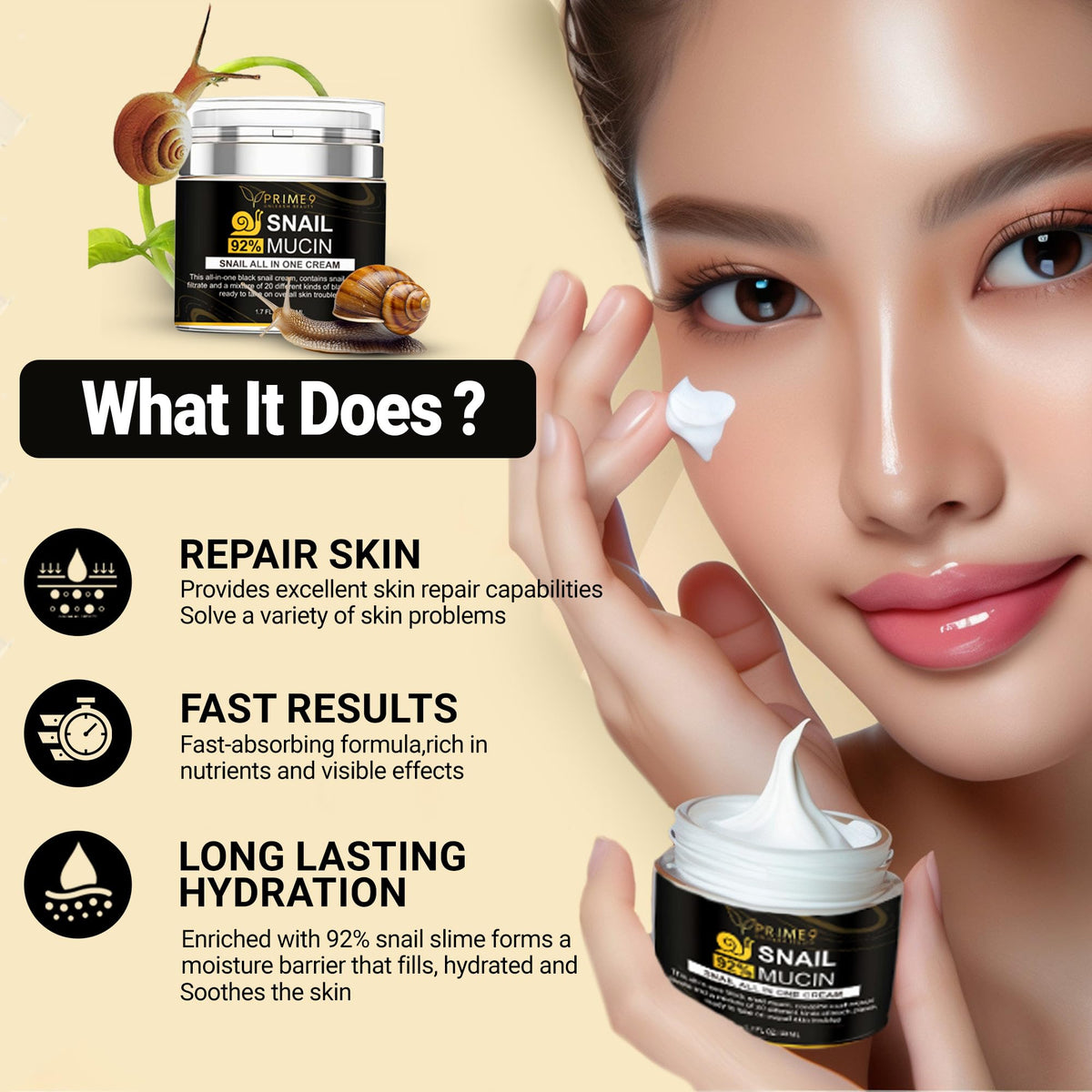 PRIME9 Prime9 Snail Mucin Cream 92% – Korean All-in-One Moisturiser for Deep Hydration, Smooth Skin, Anti-Aging & Blemish Care, Face Cream for Sensitive Skin