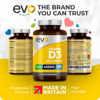 EVO NUTRITION Vitamin D 4000IU High Strength Supplement | 400 Vitamin D3 Tablets - 13 Months' Supply | VIT D3 | One-a-Day | High Absorption Cholecalciferol | Made in UK