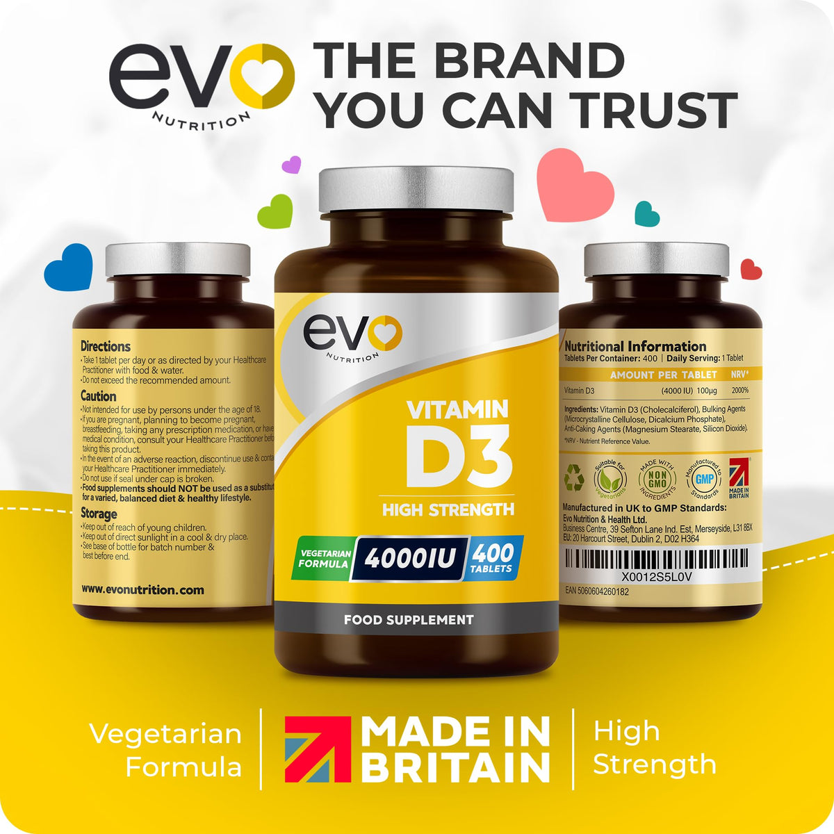 EVO NUTRITION Vitamin D 4000IU High Strength Supplement | 400 Vitamin D3 Tablets - 13 Months' Supply | VIT D3 | One-a-Day | High Absorption Cholecalciferol | Made in UK