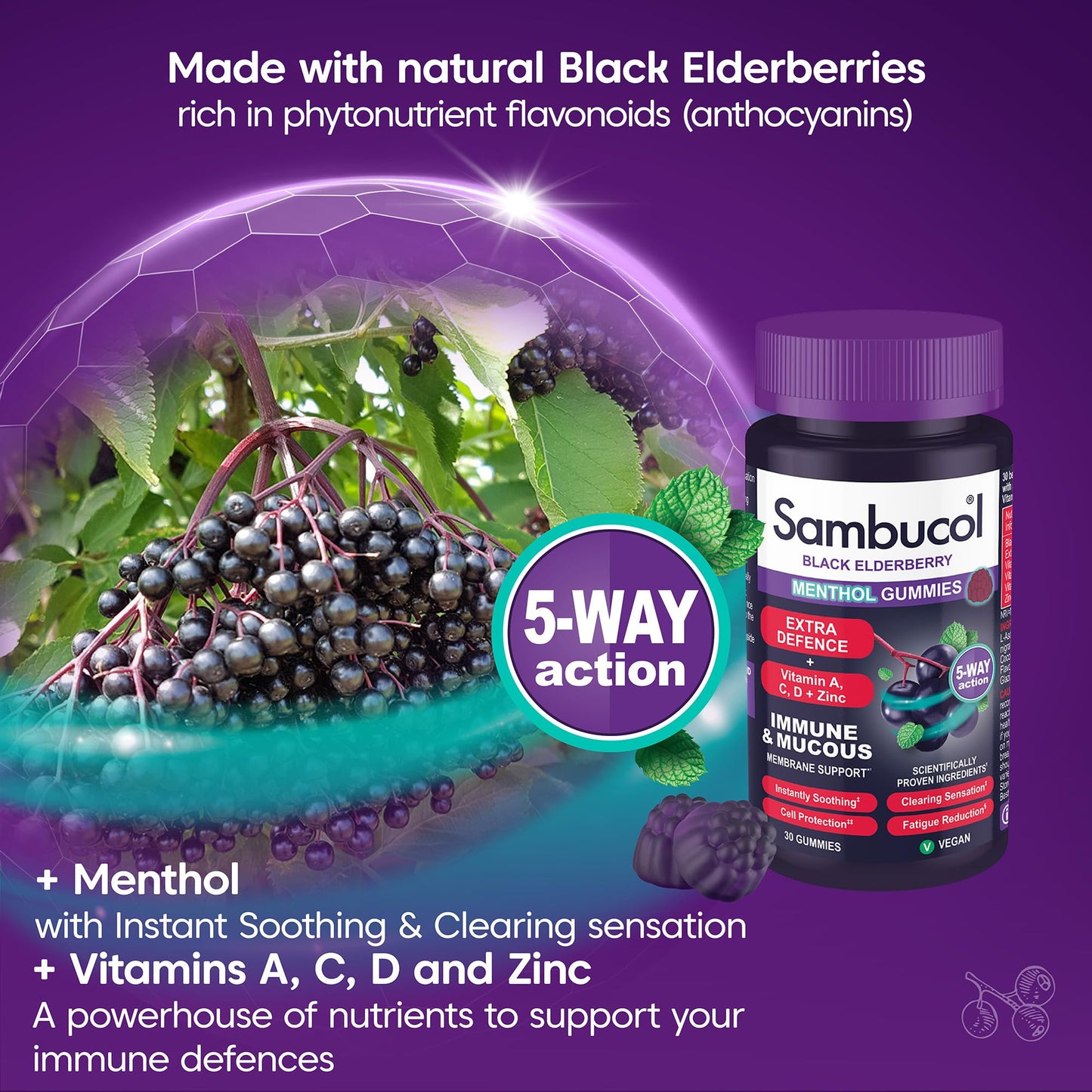 Sambucol Natural Black Elderberry Extra Defence Menthol Gummies |Vitamin A | Vitamin C | Vitamin D | Zinc |Advanced Immune Support Supplement| 30 Gummies