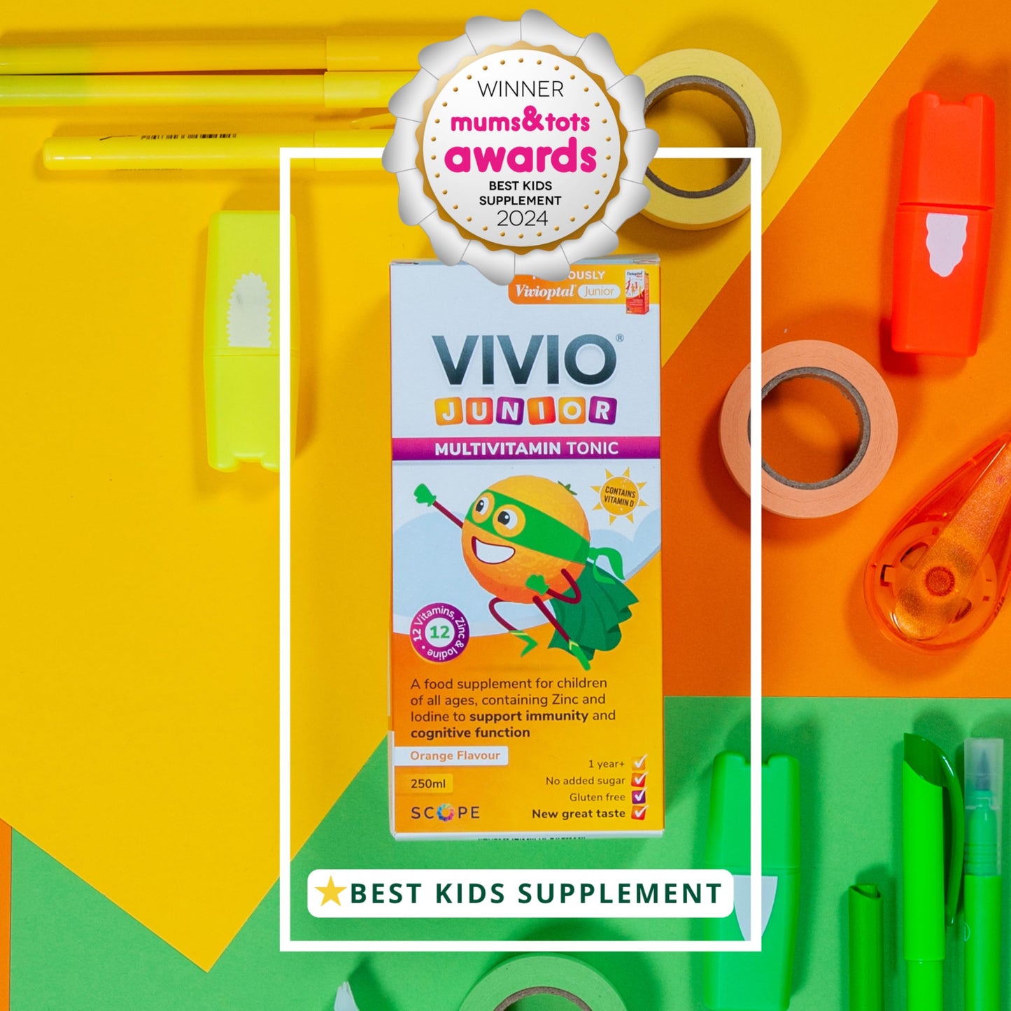 VIVIO JUNIOR VIVIO Junior Multivitamin Tonic for Kids – 12 Added Vitamins Plus Zinc & Iodine to Support Your Child’s Immunity & Cognitive Function - Orange - 250ml