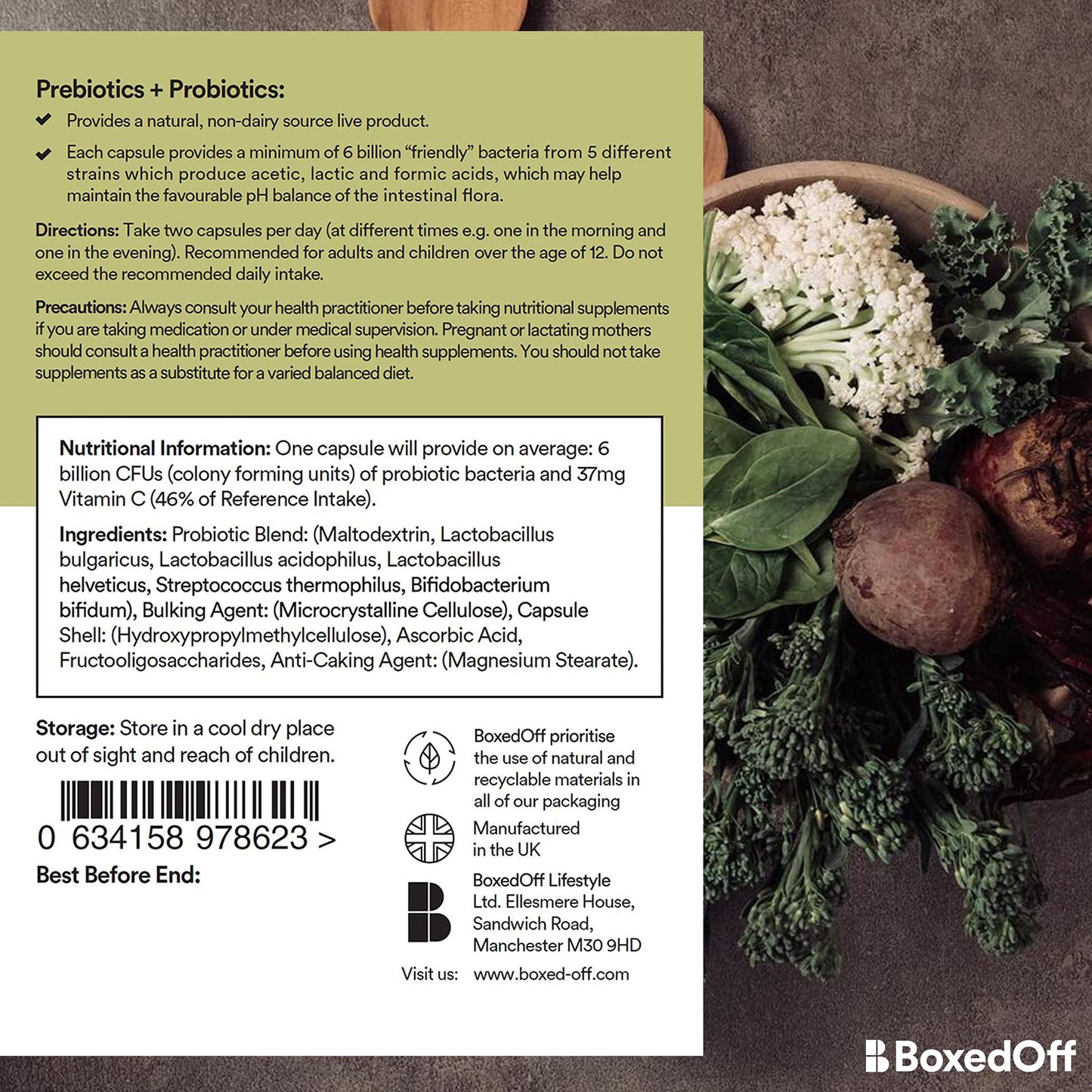 Bio Cultures Premium Prebiotics + Probiotics Complex – 60 Vegan Capsules, Non Dairy, 12 Billion CFU Multi Strain High Strength Probiotics for Men & Women - Boxed Off Supplements