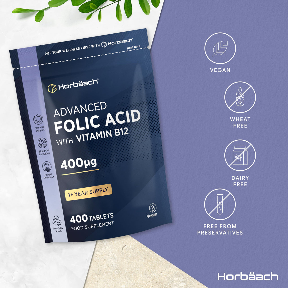 Horbäach Folic Acid Tablets 400mcg | 400 Count (1+ Year Supply) | with Added 5mcg of Vitamin B12 Cyanocobalamin | Pregnancy Support | Suitable for Vegans | By Horbaach