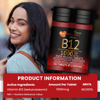 Red Label Health Vitamin B12 Tablets High Strength 1000mcg, 365 Tablets (1 Year Supply) Methylcobalamin B12 for Tiredness, Fatigue & Energy Vegan & Vegetarian-Friendly Made in The UK
