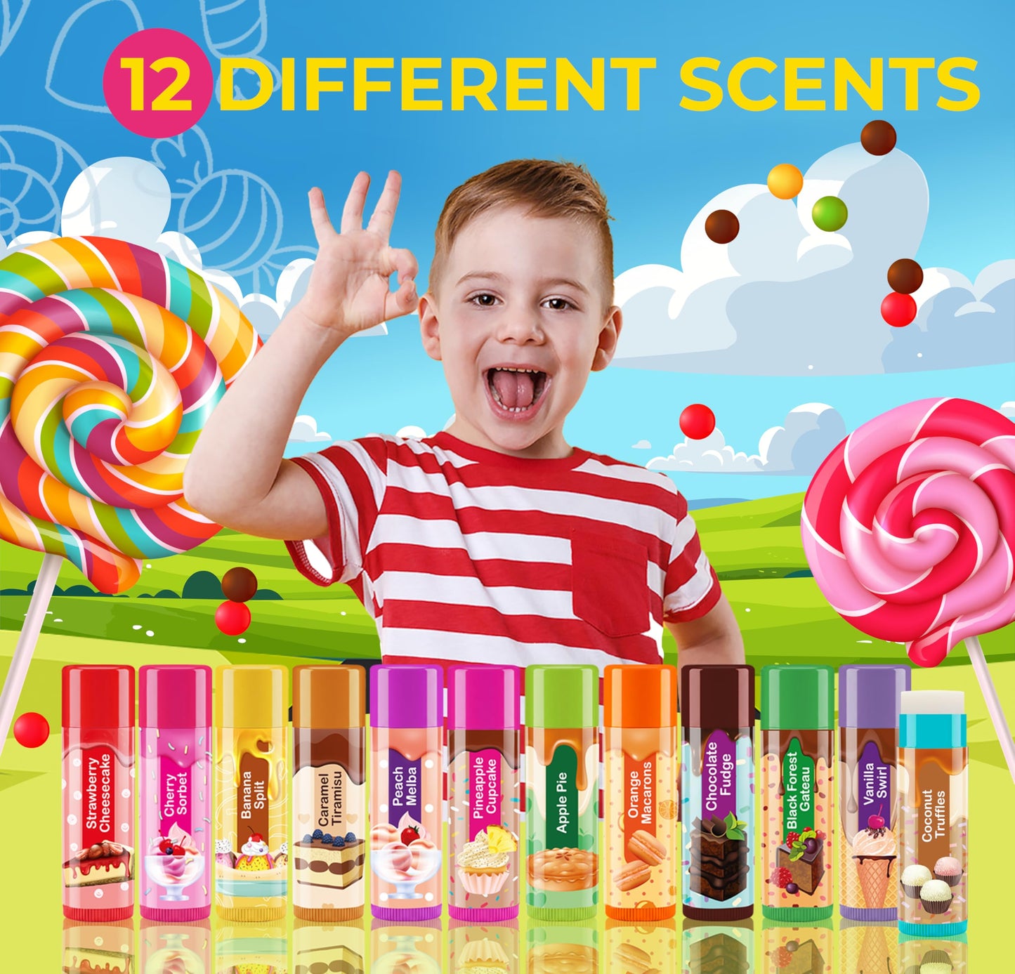 Beauty4Britain Kids Lip Balm Set Sweet Treats - 12 Different Dessert Flavours, Beeswax & Coconut Oil, Colourless, for Girls and Boys
