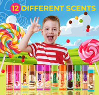 Beauty4Britain Kids Lip Balm Set Sweet Treats - 12 Different Dessert Flavours, Beeswax & Coconut Oil, Colourless, for Girls and Boys