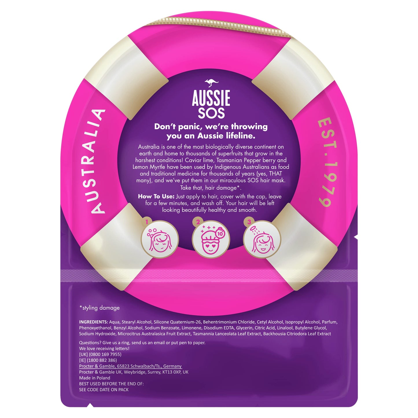 Aussie SOS Hair Mask & Cap Revive Your Lifeless Locks With A Blend Of Australian Superfoods, Vegan, 20ml