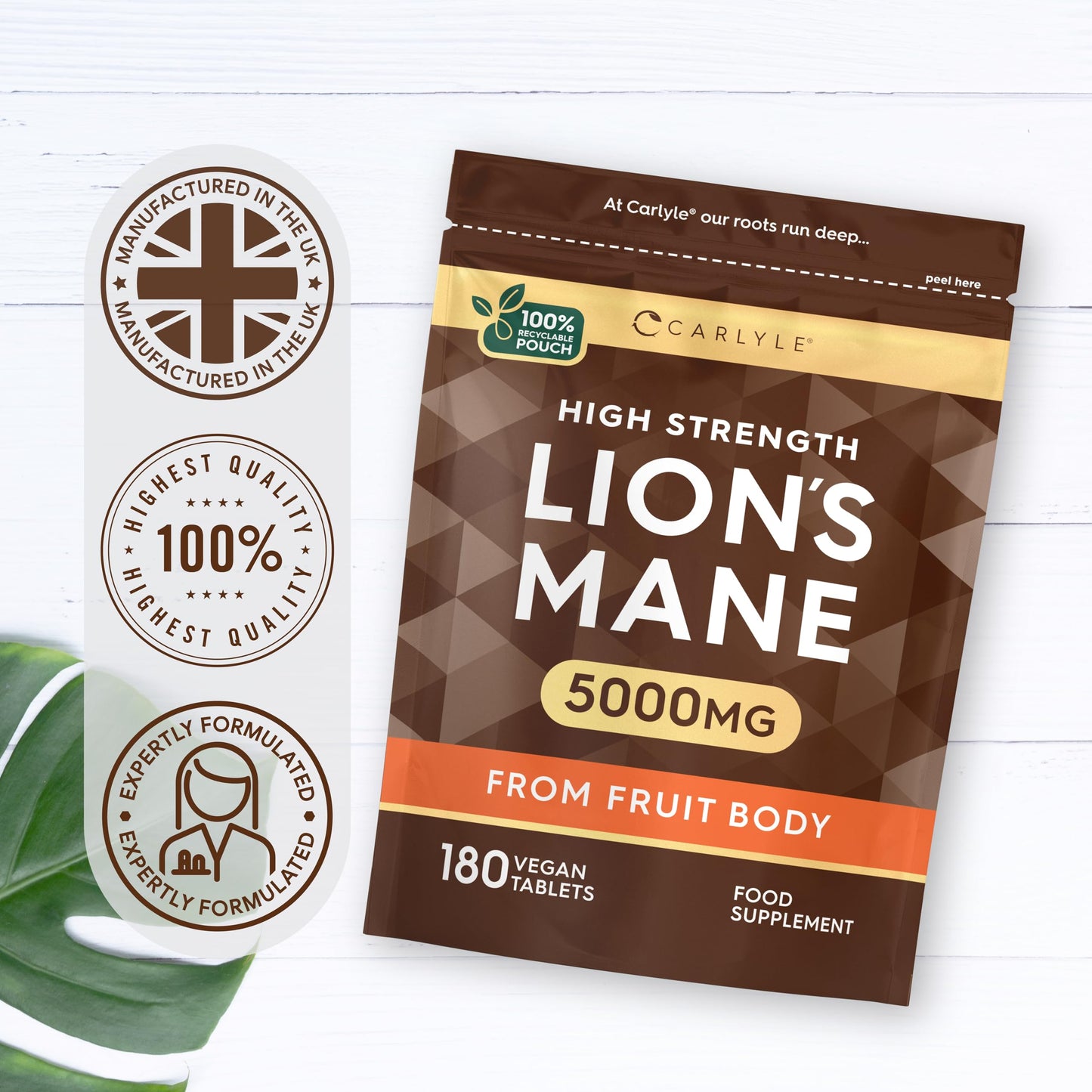 Lions Mane Supplement High Strength | 5000mg Lions Mane Supplement | from Fruit Body | 180 Vegan Tablets | Mushroom Extract | by Carlyle