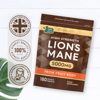 Lions Mane Supplement High Strength | 5000mg Lions Mane Supplement | from Fruit Body | 180 Vegan Tablets | Mushroom Extract | by Carlyle