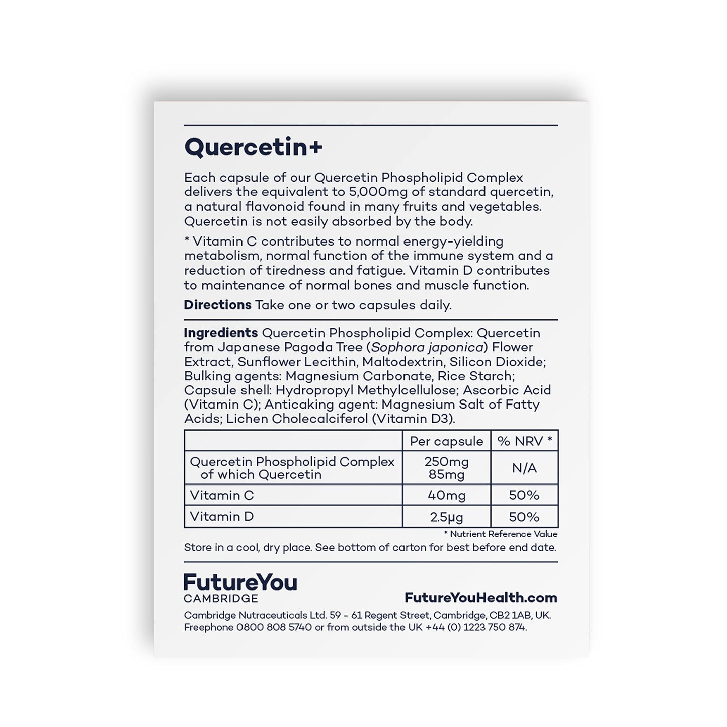 Quercetin+ Quercetin Phospholipid Complex with Vitamins C & D3 - Highly Bioavailable Sunflower Formulation - 28 Day Supply - 28 Vegan Capsules - Developed by FutureYou Cambridge, UK
