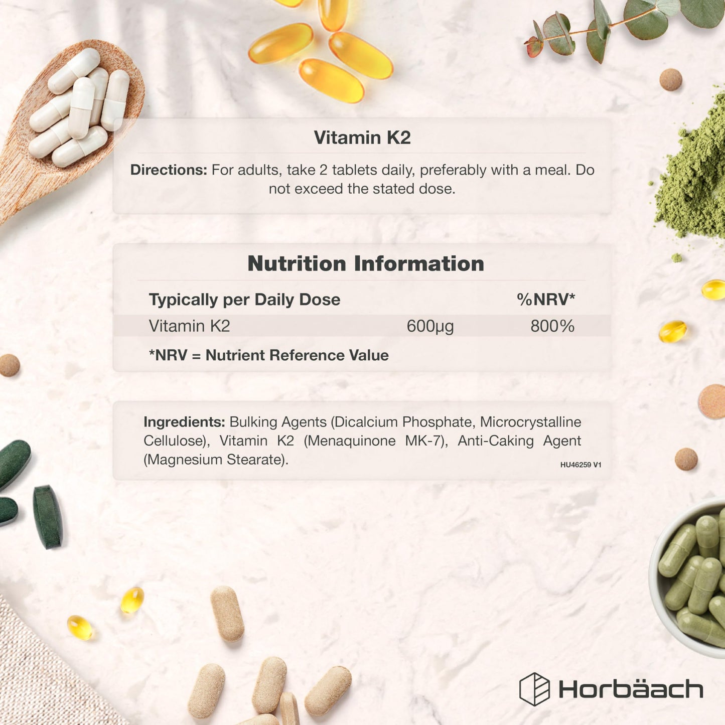 Horbäach Vitamin K2 MK7 High Strength 600mcg | 120 Tablets (Not Capsules) | Vitamin K2 Menaquinone MK-7 Supplement | Bioavailable Formula for Men & Women | Suitable for Vegans | By Horbaach