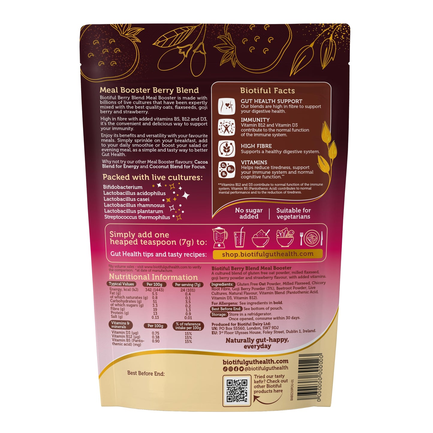 Biotiful Gut Health, Meal Booster, Berry Blend Immunity, Probiotics, Prebiotic Fibre, Source of Vitamins D3 B5 B12, Powder, 30 Servings