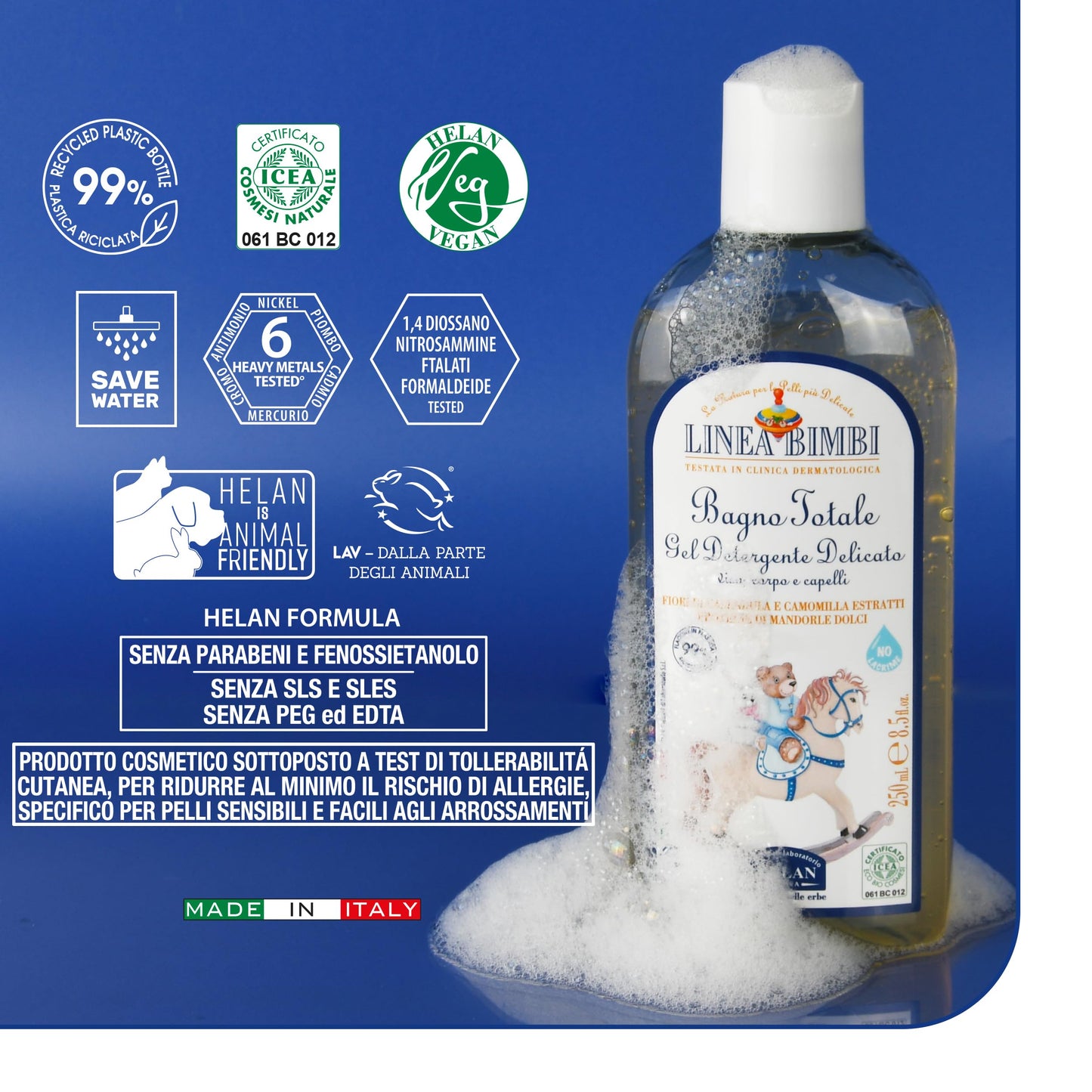 Helan, Linea Bimbi BIO, Baby Shampoo and Body Wash, Baby Wash Gel with Marigold & Chamomile Flower Extracts, Kids Shampoo & Gentle Cleanser with Sweet Almond Protein for Baby Bath, Made in Italy 250ml