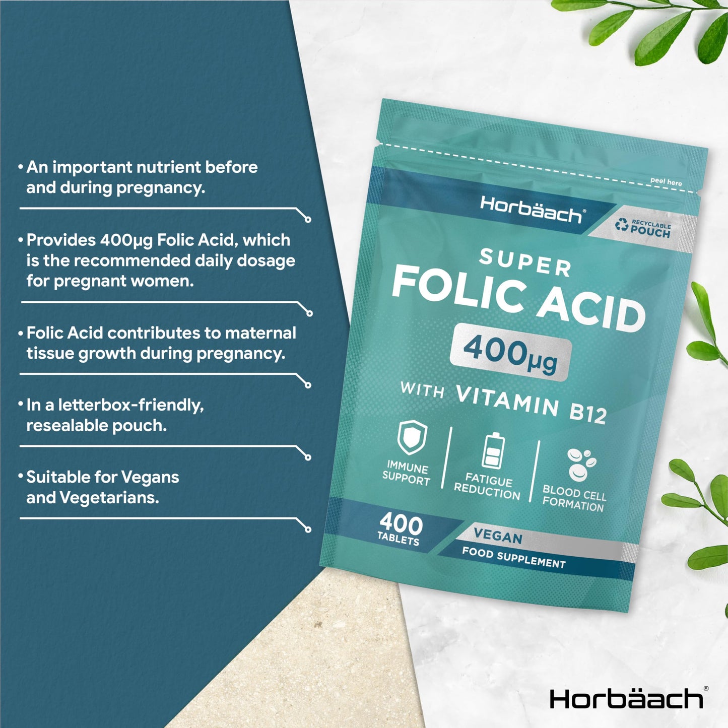 Horbäach Folic Acid Tablets 400ug | 400 Count | Super Strength Vegan Supplement with Vitamin B12 Methylcobalamin | No Artificial Preservatives | by Horbaach