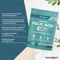 Horbäach Folic Acid Tablets 400ug | 400 Count | Super Strength Vegan Supplement with Vitamin B12 Methylcobalamin | No Artificial Preservatives | by Horbaach