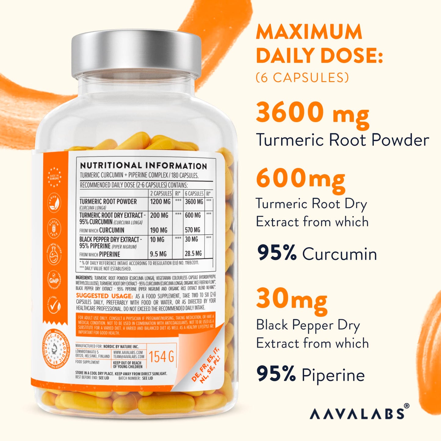 AAVALABS Turmeric and Black Pepper Capsules [ 600 Mg ] - 180 Vegan Turmeric Capsules - 95% Curcumin Extract & Piperine - Tumeric Supplements with Black Pepper High Strength - Non-GMO - 3rd Party Tested