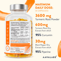 AAVALABS Turmeric and Black Pepper Capsules [ 600 Mg ] - 180 Vegan Turmeric Capsules - 95% Curcumin Extract & Piperine - Tumeric Supplements with Black Pepper High Strength - Non-GMO - 3rd Party Tested