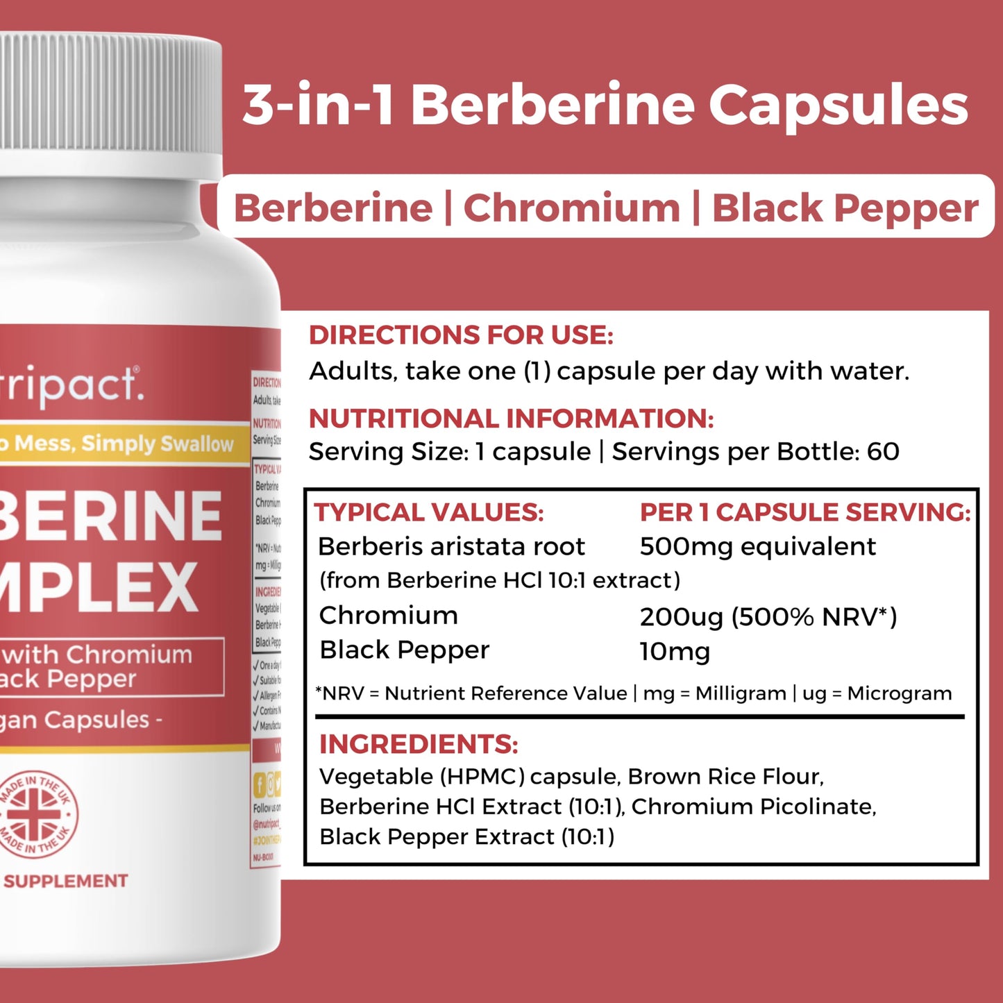 nutripact Nutripact Berberine HCL Supplement with Chromium and Black Pepper - High Strength 500mg - 60 Vegan Capsules (not Tablets) - Made in the UK