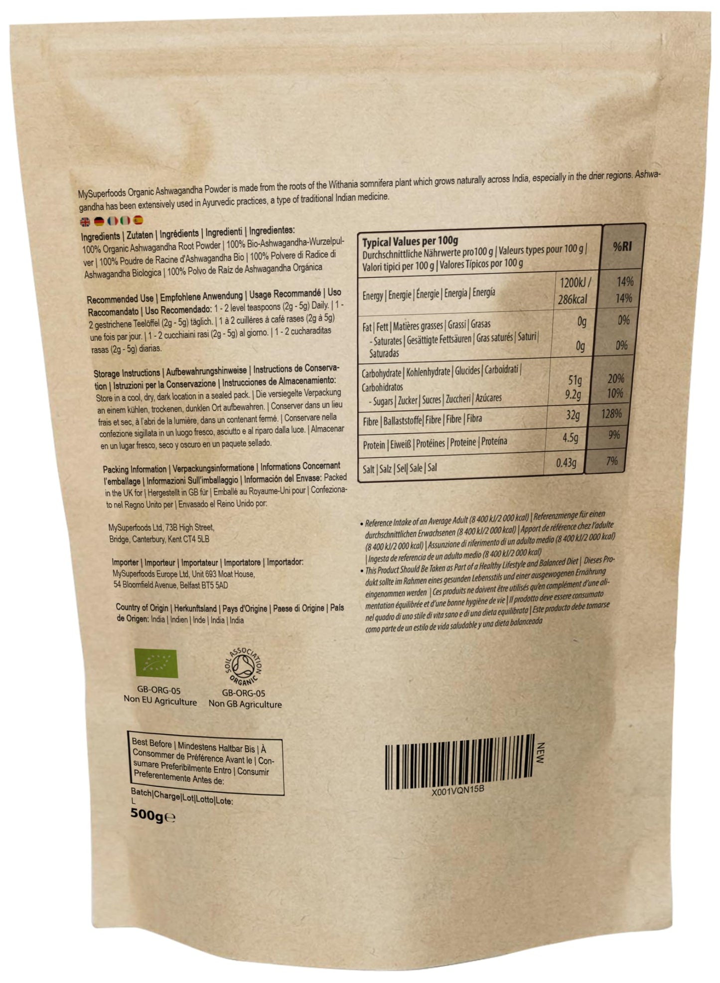MySuperfoods Organic Ashwagandha Powder 500g, Rich Source of Vitamin B6 & B12