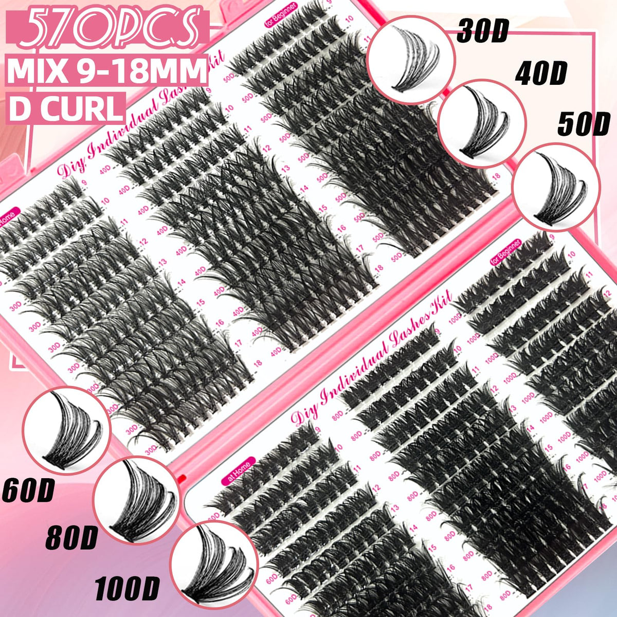 QUKLOGEN DIY Lash Extension Kit 782Pcs D Curl 4 Styles Individual Lash with Bottom Lash Clusters Bond and Seal,Quick Glue Remover Tweezers Eyelash Brush Mini Applicator (LASH001)