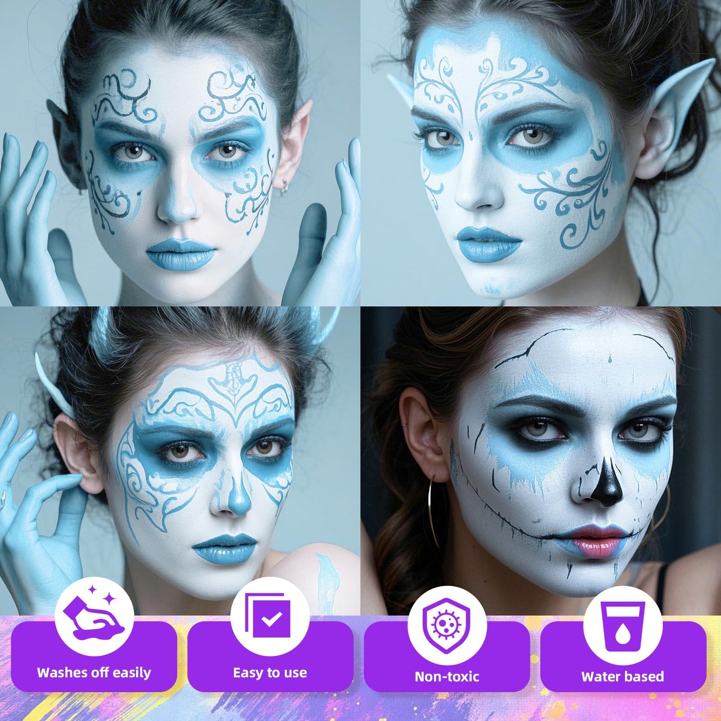 YBUETE Light Blue Face Body Paint, Professional Paint for Halloween Cosplay Costume Party, Full-coverage Multi-Color Cream Makeup Blendable Body Painting for Adults Halloween Cosplay SFX Makeup Paint
