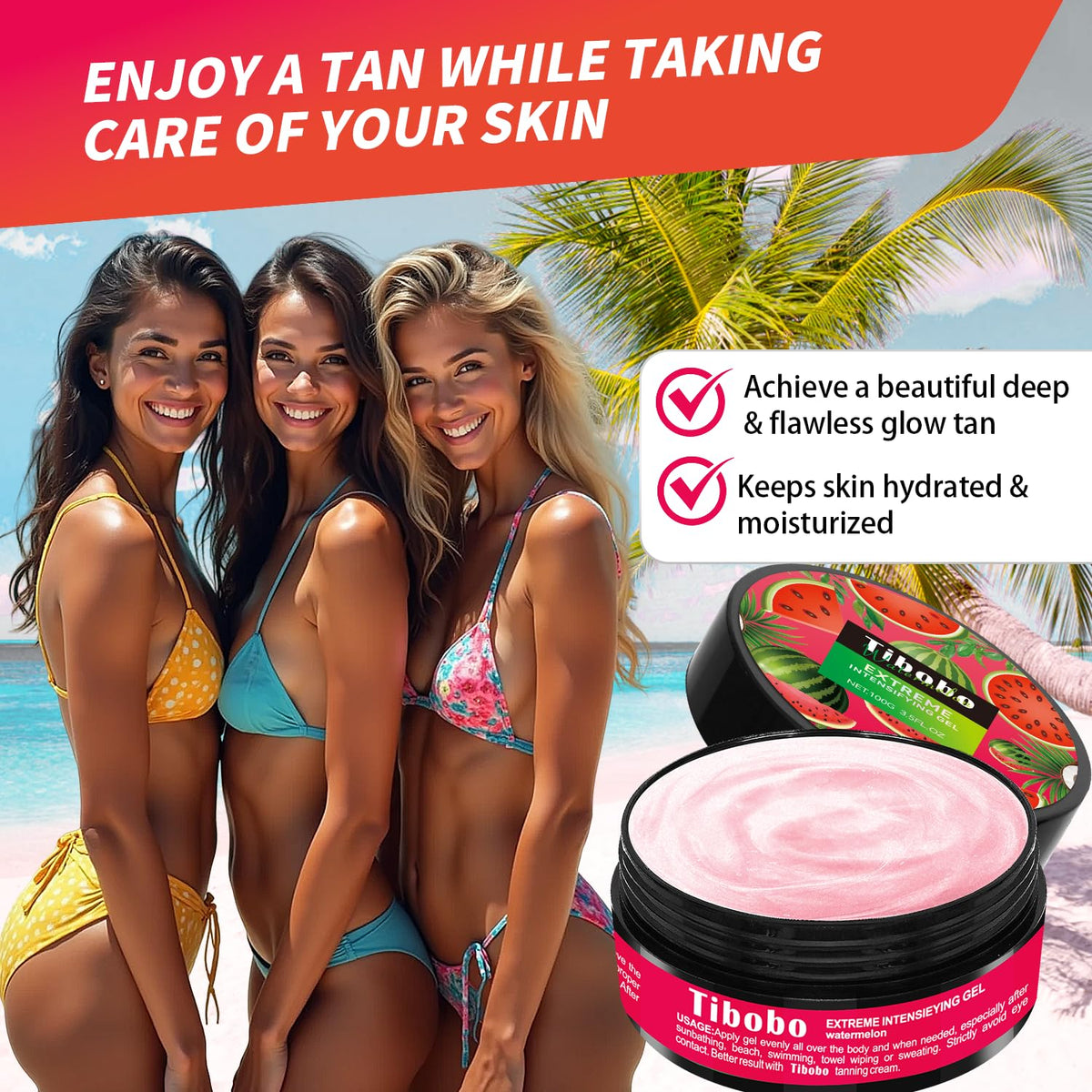 Tibobo Premium Tan Accelerator Gel 100g - For Sunbed Use & Outdoor Sun Tanning Enhancer, Fast Bronzing Cream with Natural Formula, Intensifying Self Tanning Boosting Oil, Long-Lasting Hydrating(Watermelon)