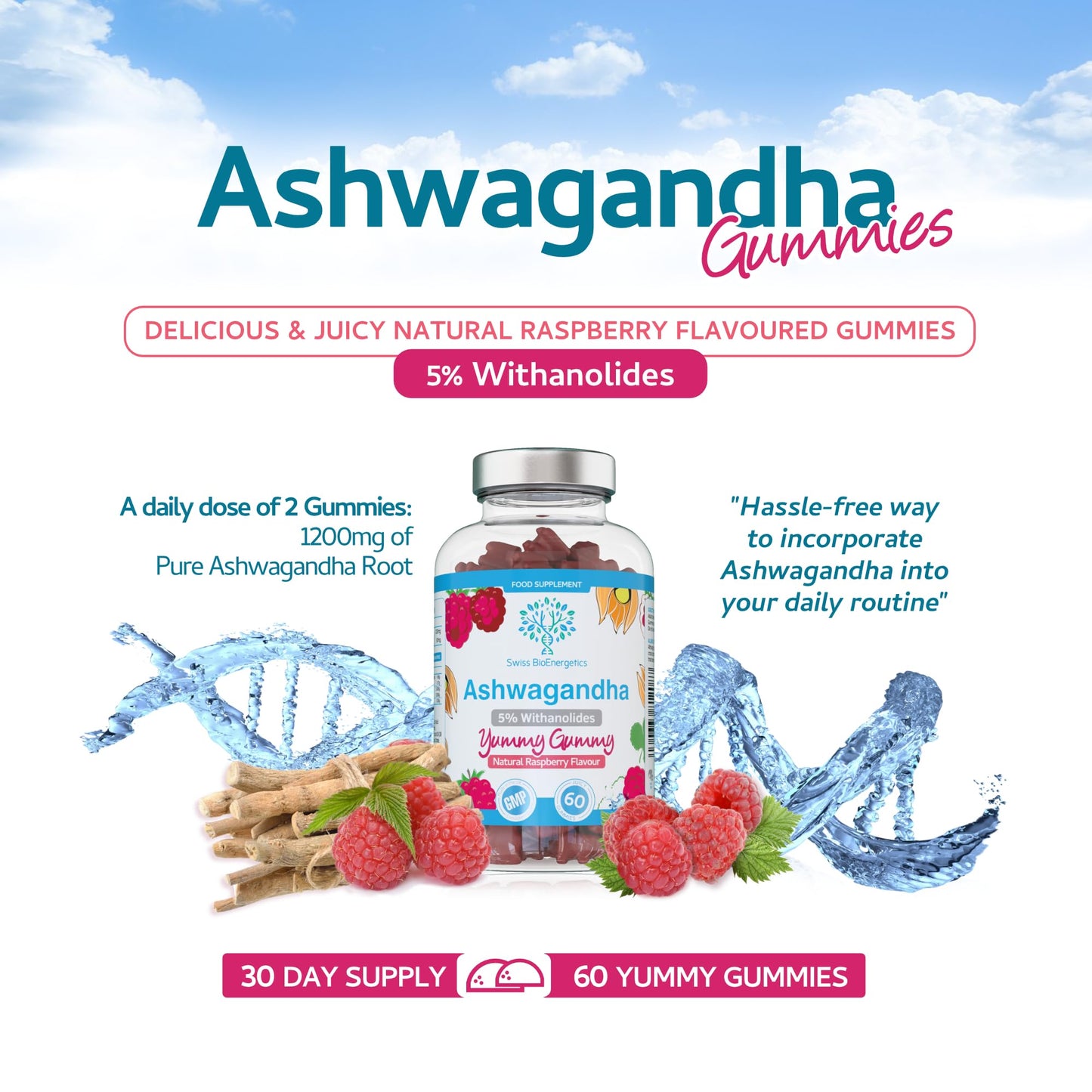 swiss bioenergetics Ashwagandha Gummies - 60 Natural Raspberry Flavoured Chewable & Yummy - 1200mg High Strength Serving with 5% Withanolides - 30 Day Supply - UK Made