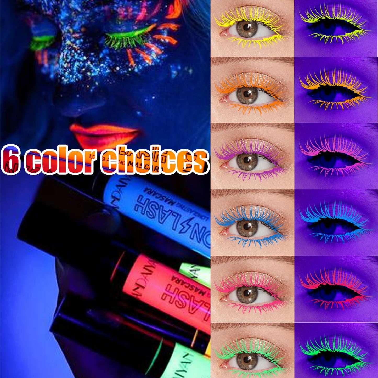 UV Glow Orange Mascara, Rainbow Color Fluorescence, Neon Colorful Mascara Waterproof, Extensions Eyelashes Curling Lengthening Eye Lashes Halloween Festival Party Stage Use (Orange)