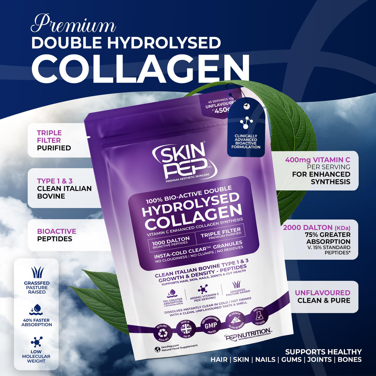 Collagen Peptides Powder Bioactive 1000 Dalton - SkinPep (225g) | 100% Pure Grass Fed Bovine | Halal Certified, UK Made | Double Hydrolysed + Vitamin C | Unflavoured Supplement for Women & Men