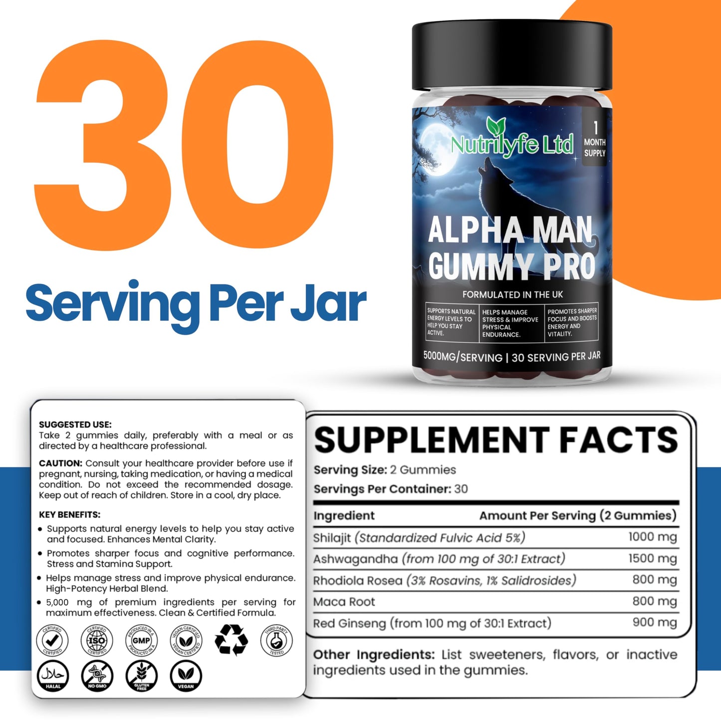 Alpha Man Gummy Pro - Powerful 5-in-1 Blend with Shilajit, Ashwagandha, Rhodiola, Red Ginseng & Maca Root | Vegan, Halal, Gluten-Free, Non-GMO | GMP & ISO Certified | 60 Gummies.