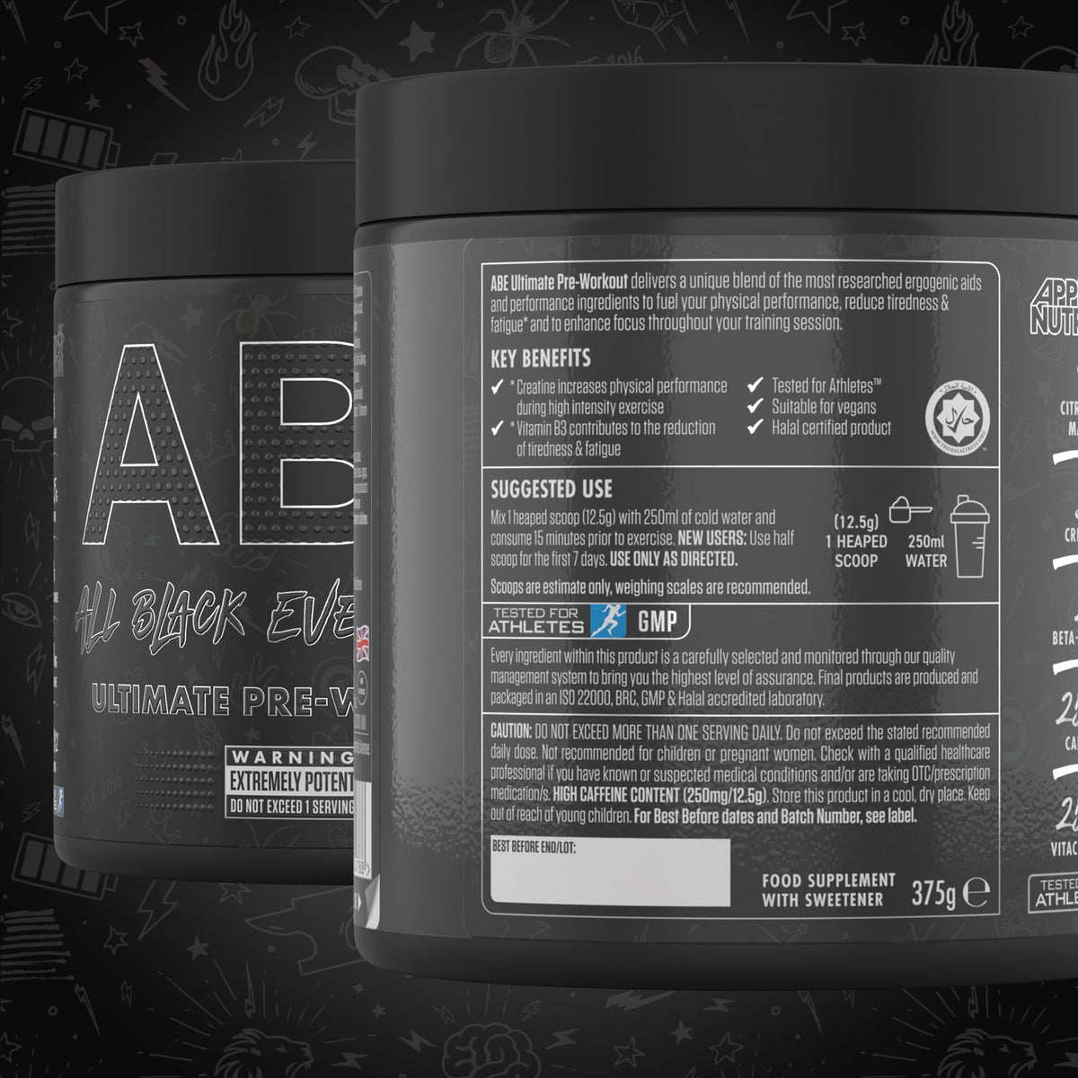 Applied Nutrition Bundle ABE Pre Workout 375g + JUG 2.5 LT Matt Black | All Black Everything Pre Workout Powder, Energy & Physical Performance with Creatine, Beta Alanine (Energy Flavour)