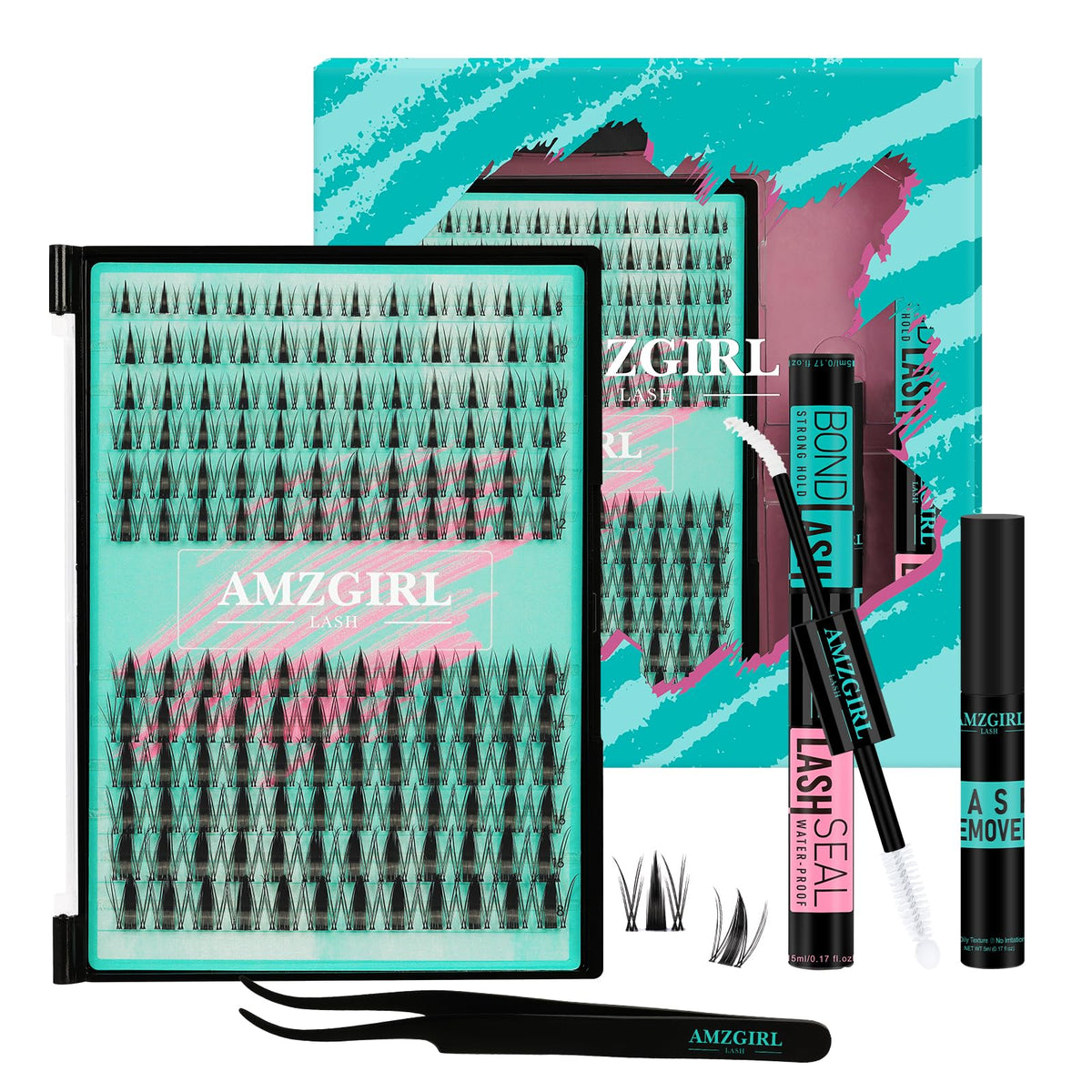 AMZGIRL LASH Manga Lash Clusters Kit 144PCS Fairy Eyelash Extension Kit with Bond and Seal, Fake Eyelashes Clusters with Invisible Lash Band, Glue Remover and Applicators (8-16mm,White Bond)
