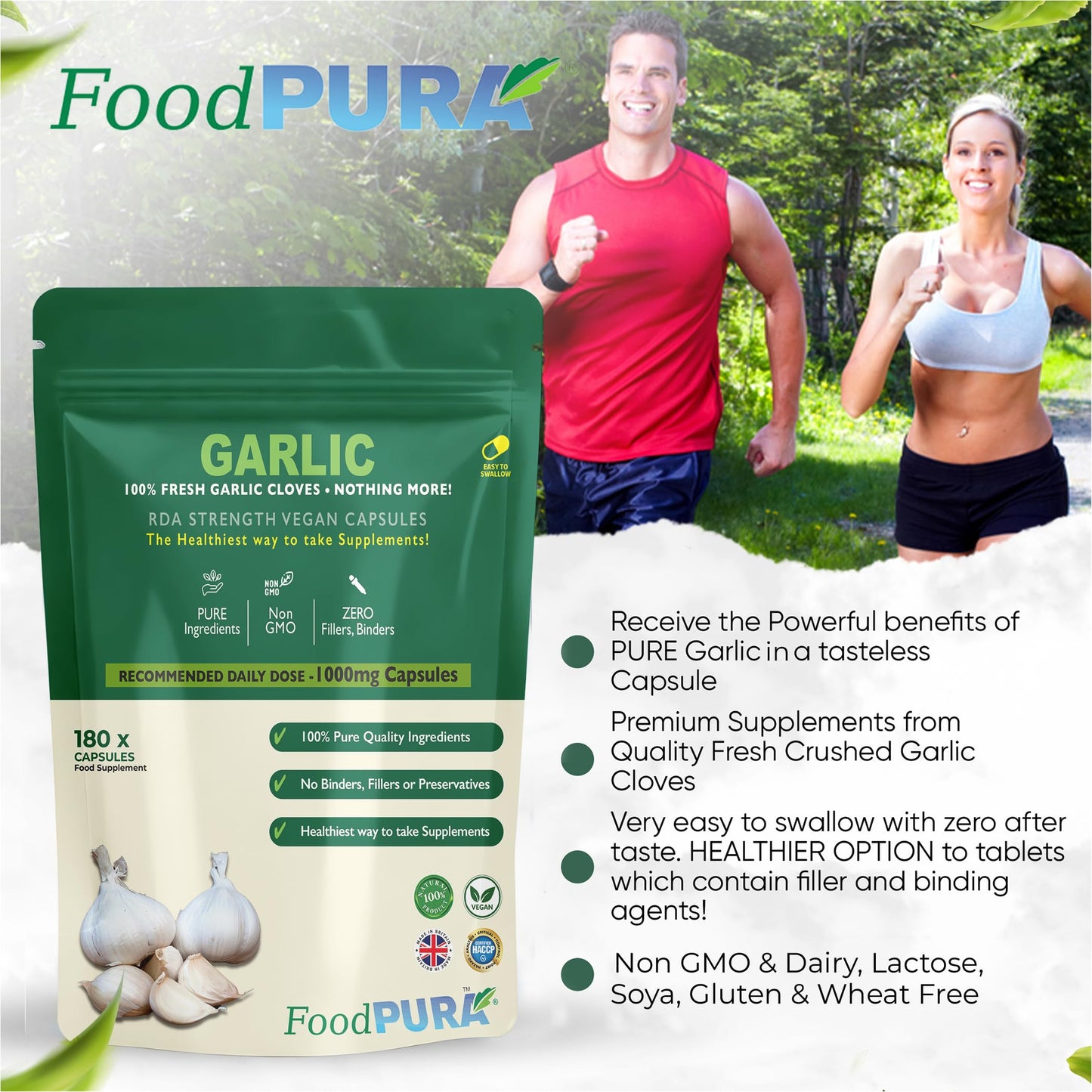 FoodPURA 180 X Pure Garlic Capsules Recommended Daily Strength 1000mg - Capsules are The SAFEST Way to take Any Supplement! HACCP Certified, Manufactured in The UK.