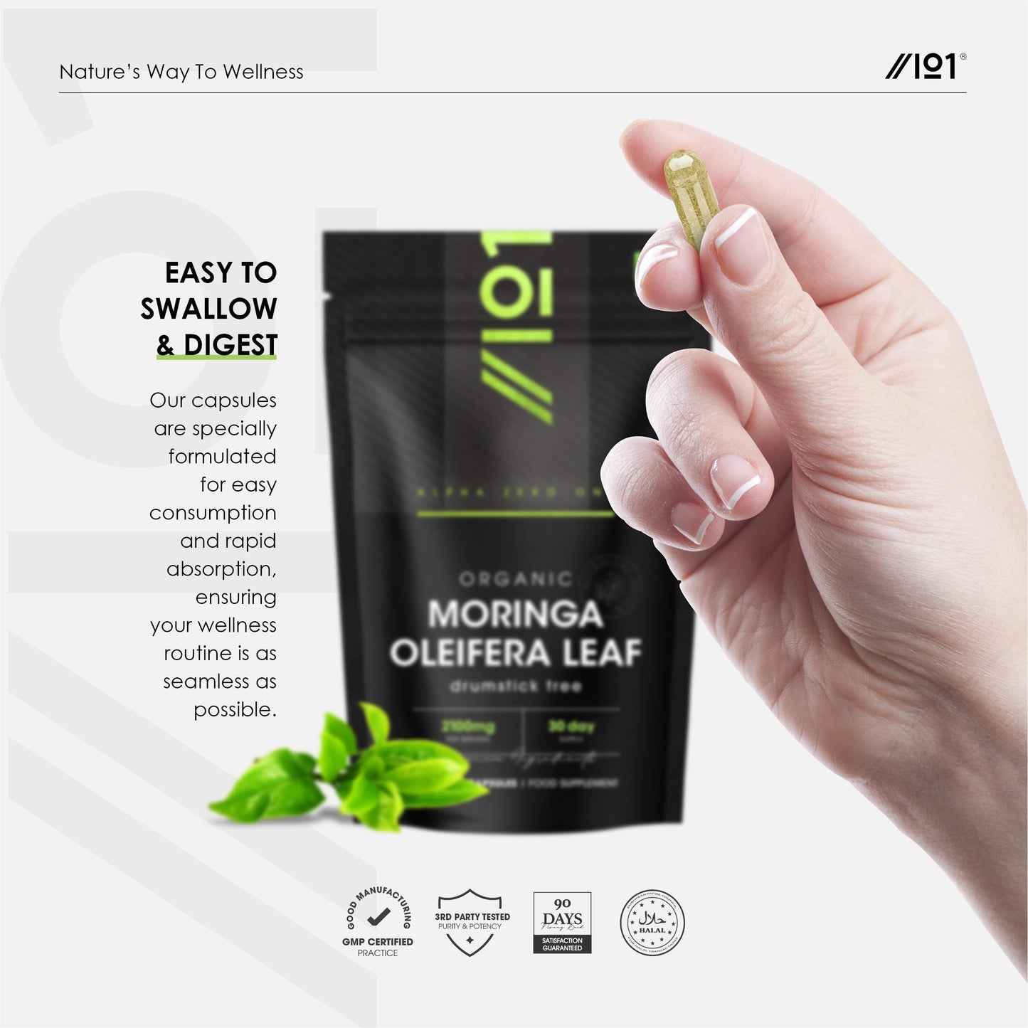 ALPHA01 Organic Moringa 2100mg - 90 Vegan Capsules - Raw Moringa Oleifera Leaf - Rich in Vitamins, Antioxidants & Amino Acid – Resealable and Recyclable Pouch – By Alpha01